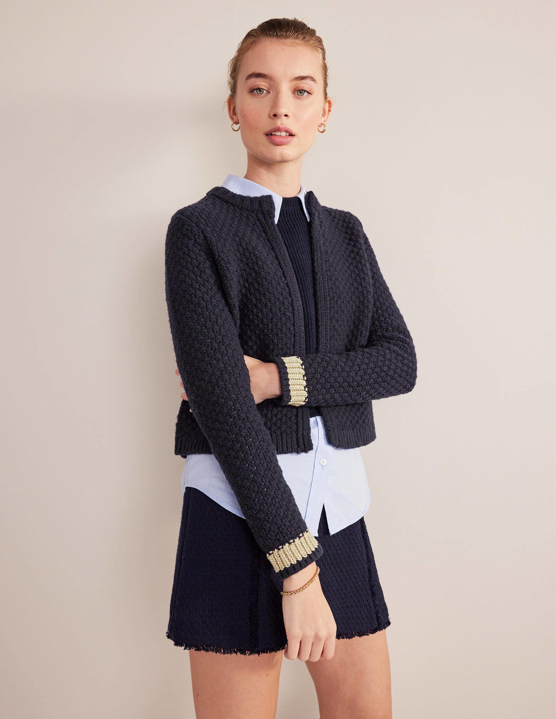Textured Chunky Wool Cardigan-Navy, Gold-2