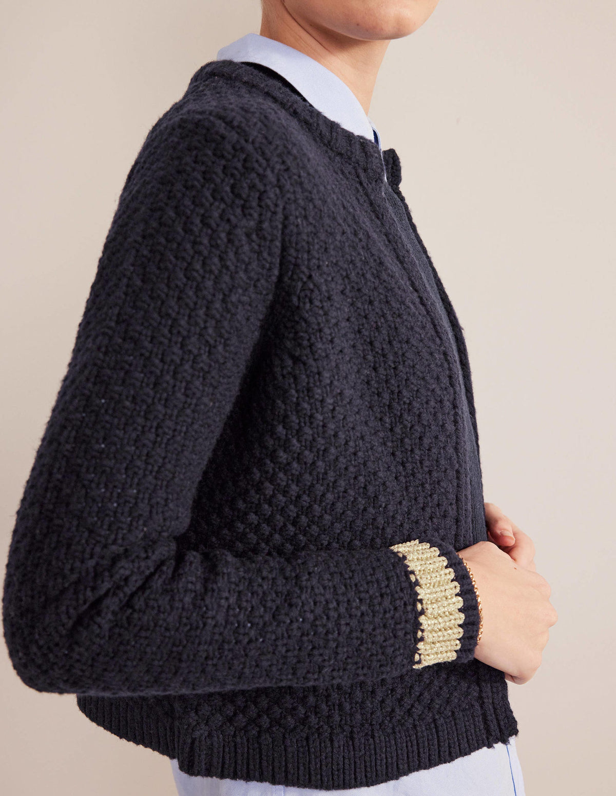 Textured Chunky Wool Cardigan-Navy, Gold-3