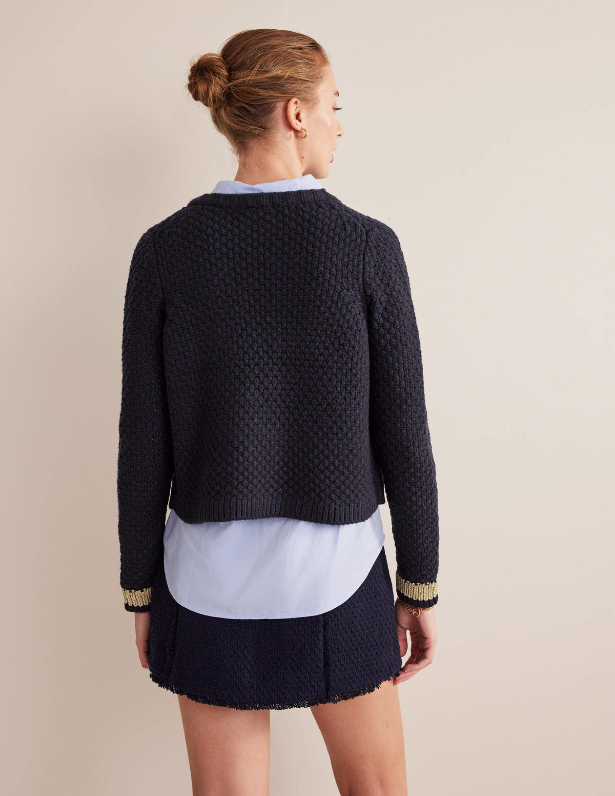 Textured Chunky Wool Cardigan-Navy, Gold-4