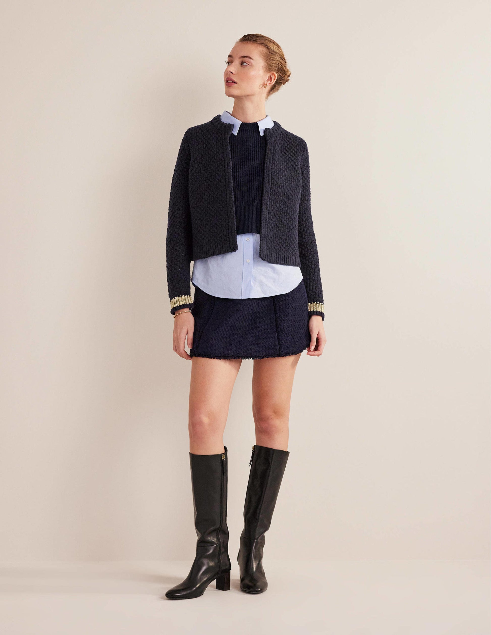 Textured Chunky Wool Cardigan-Navy, Gold-5