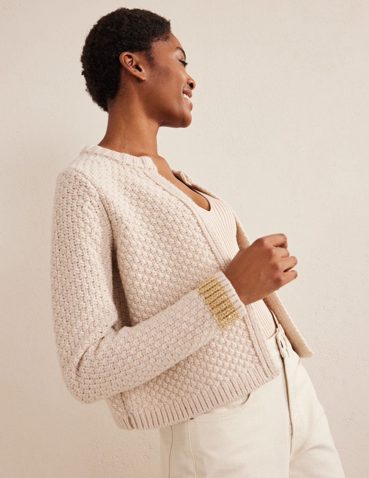 Textured Chunky Wool Cardigan-Shearling, Gold-1
