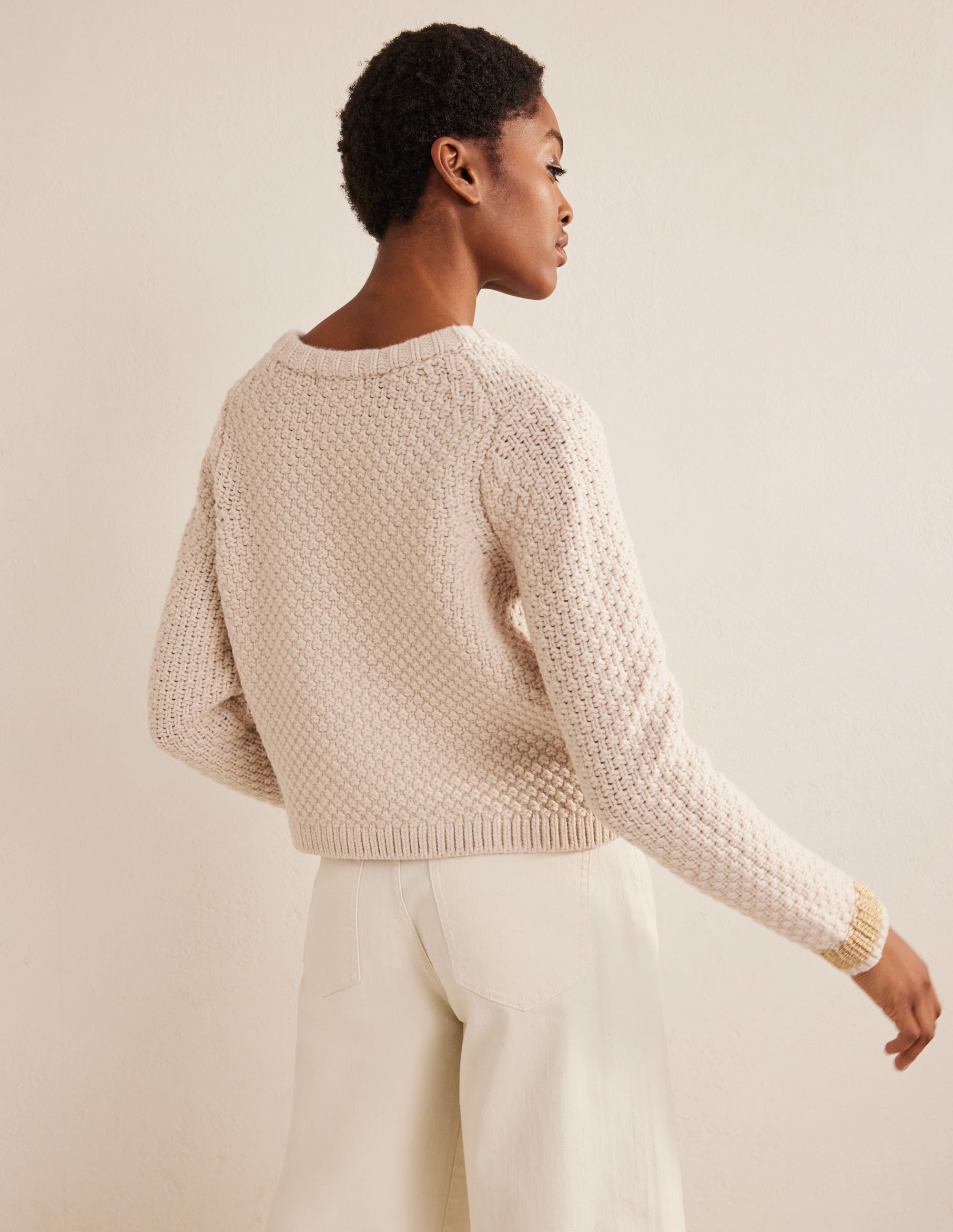 Textured Chunky Wool Cardigan-Shearling, Gold - Image 3