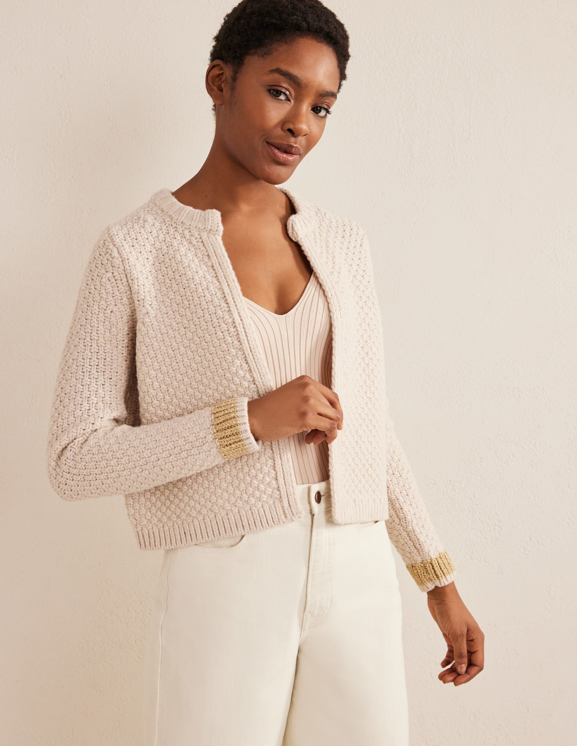 Textured Chunky Wool Cardigan-Shearling, Gold - Image 4
