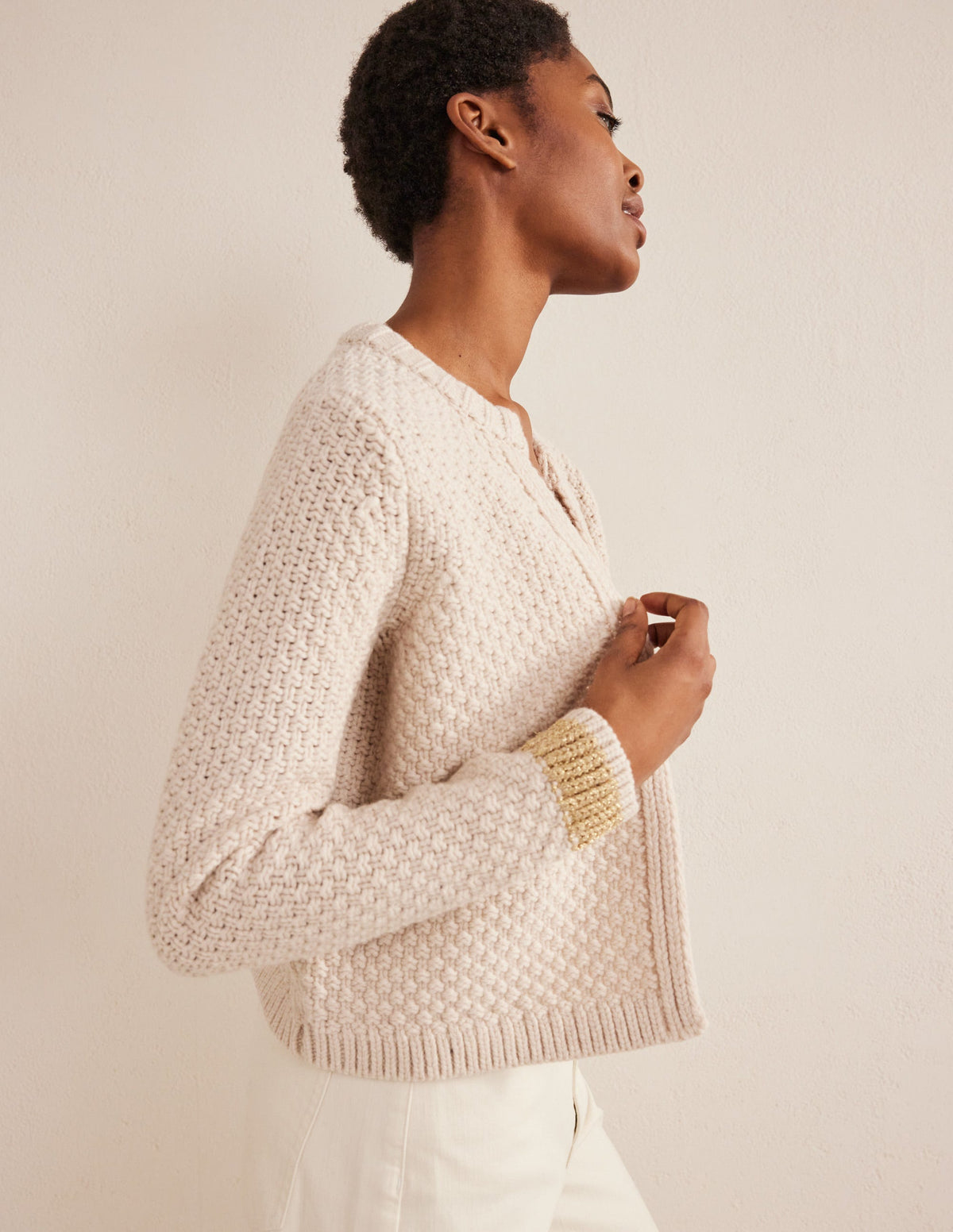 Textured Chunky Wool Cardigan-Shearling, Gold - Image 6