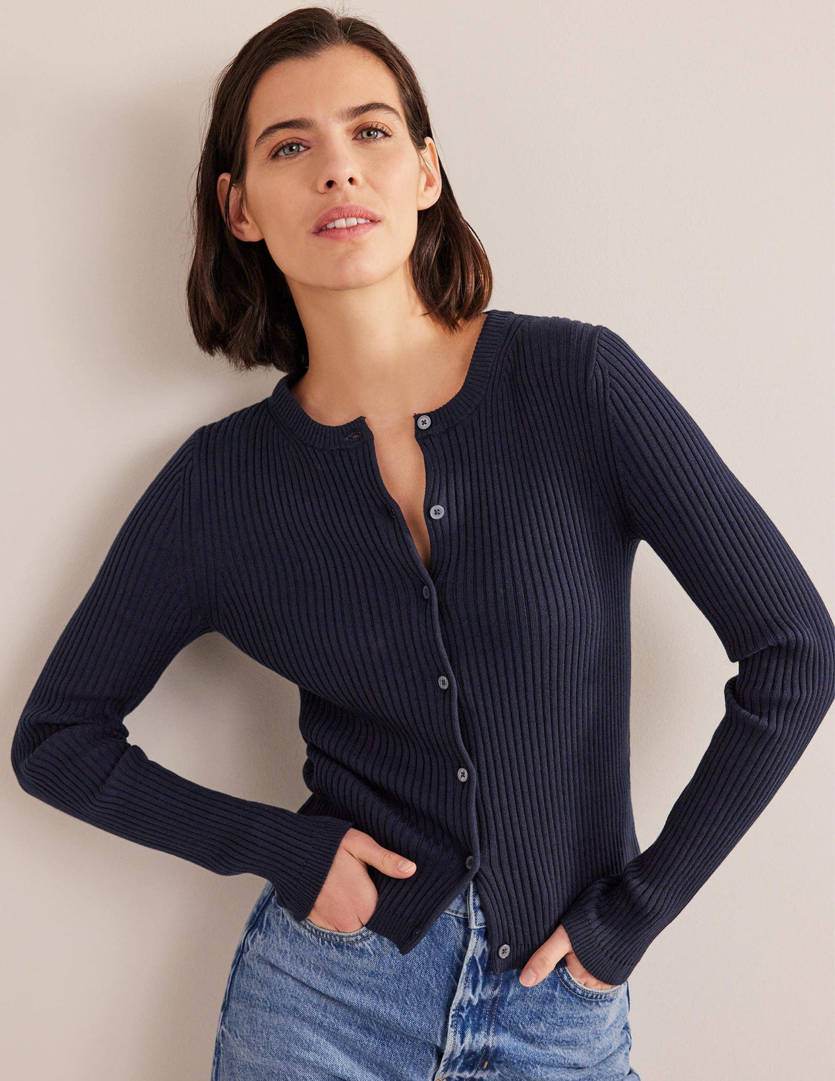 Ribbed Detail Cardigan-Navy - Image 1