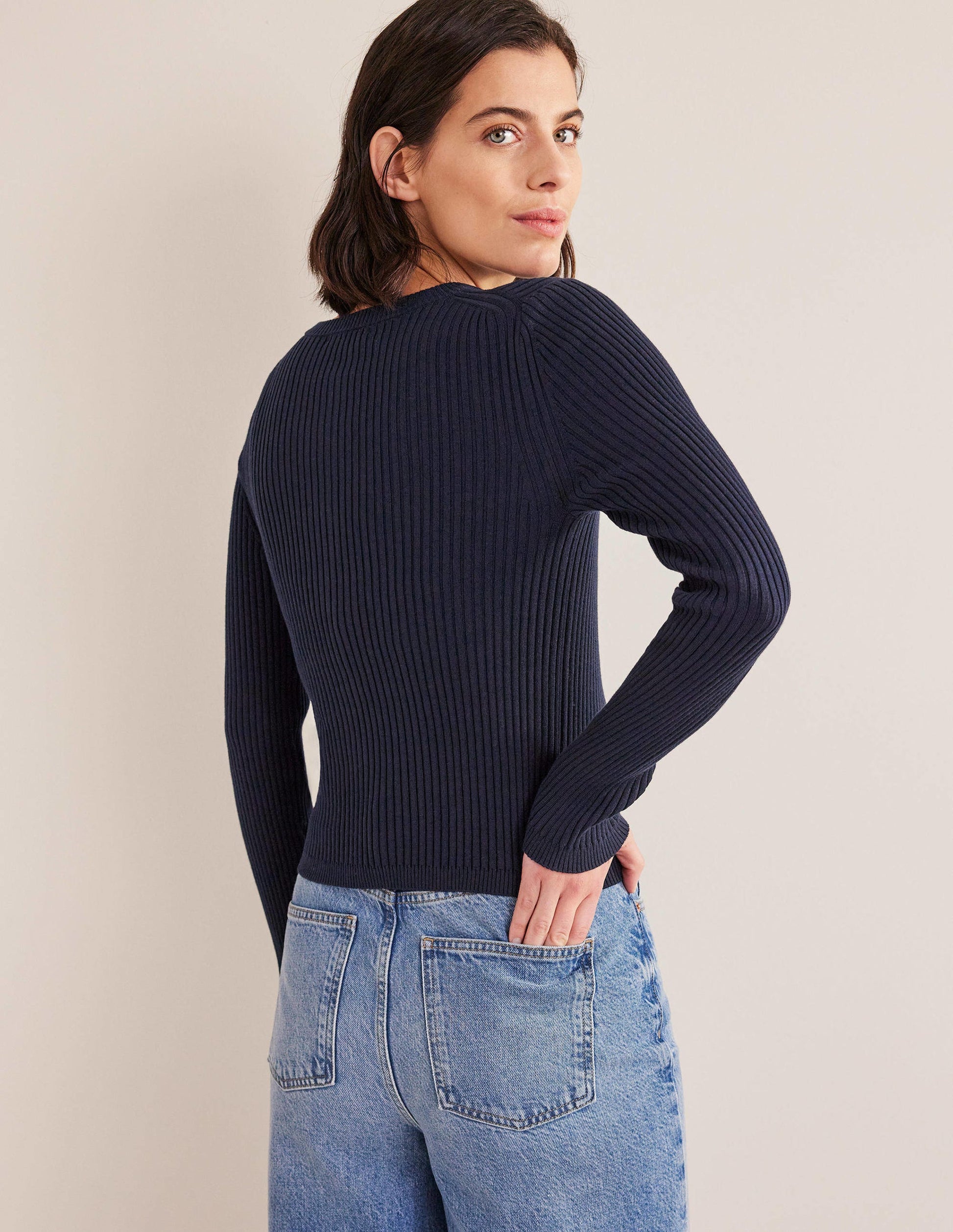 Ribbed Detail Cardigan-Navy-3