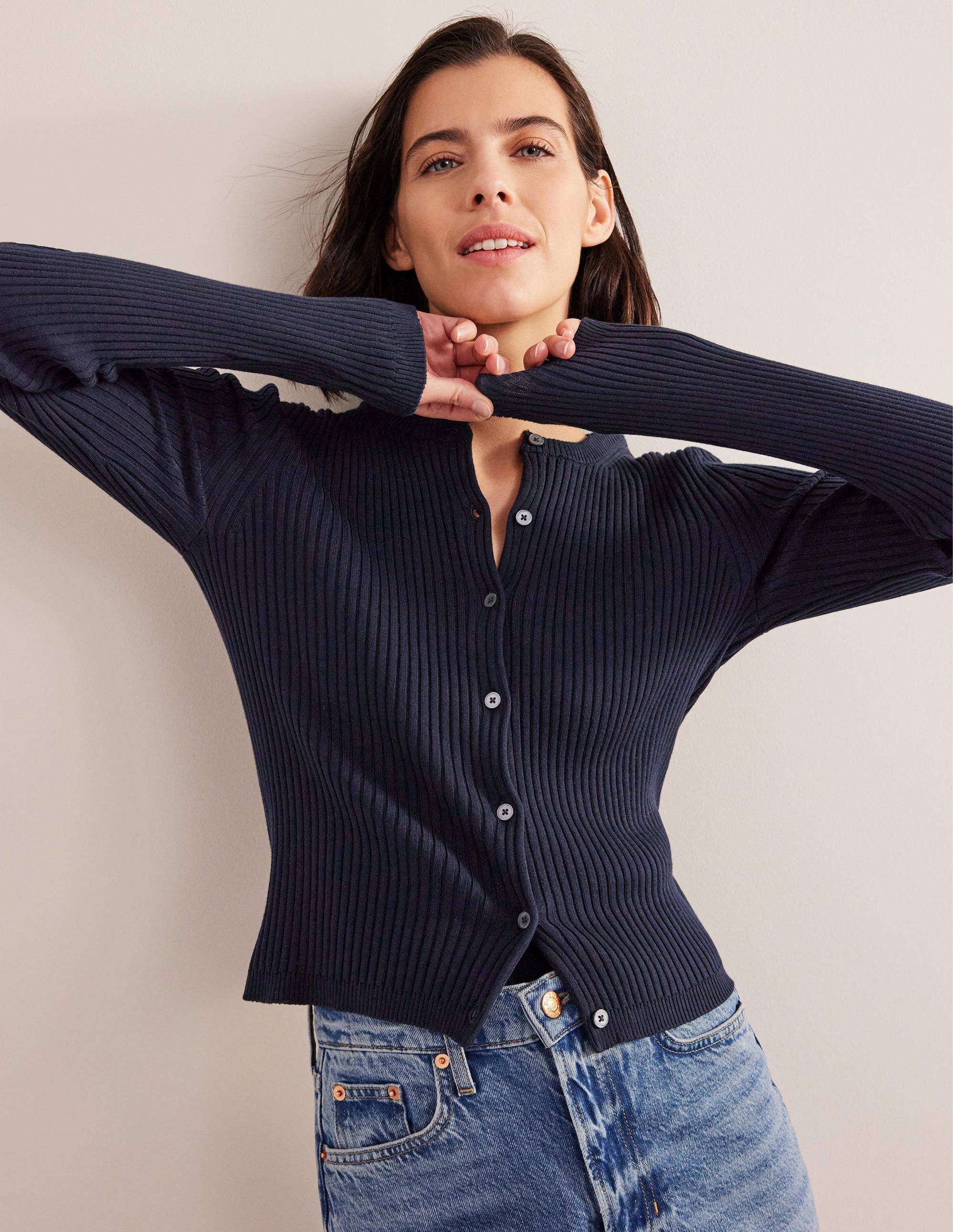 Ribbed Detail Cardigan-Navy - Image 4