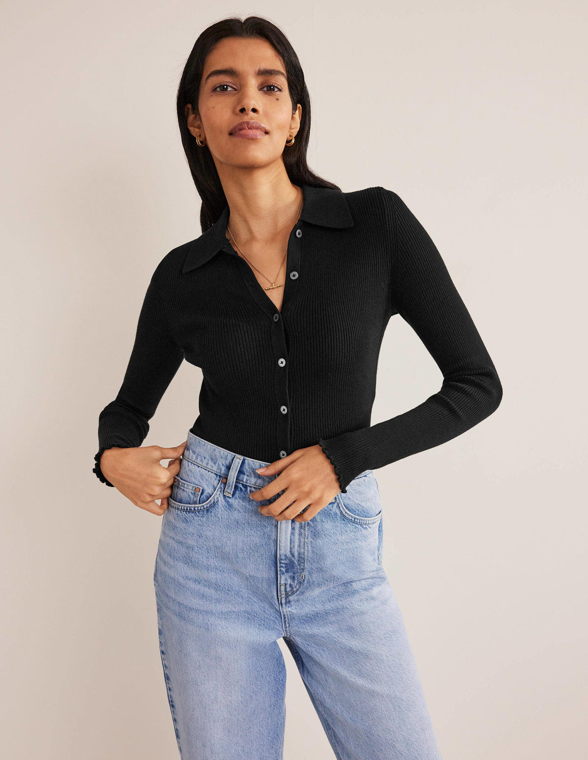 Ribbed-Knit Fitted Shirt-Black-1