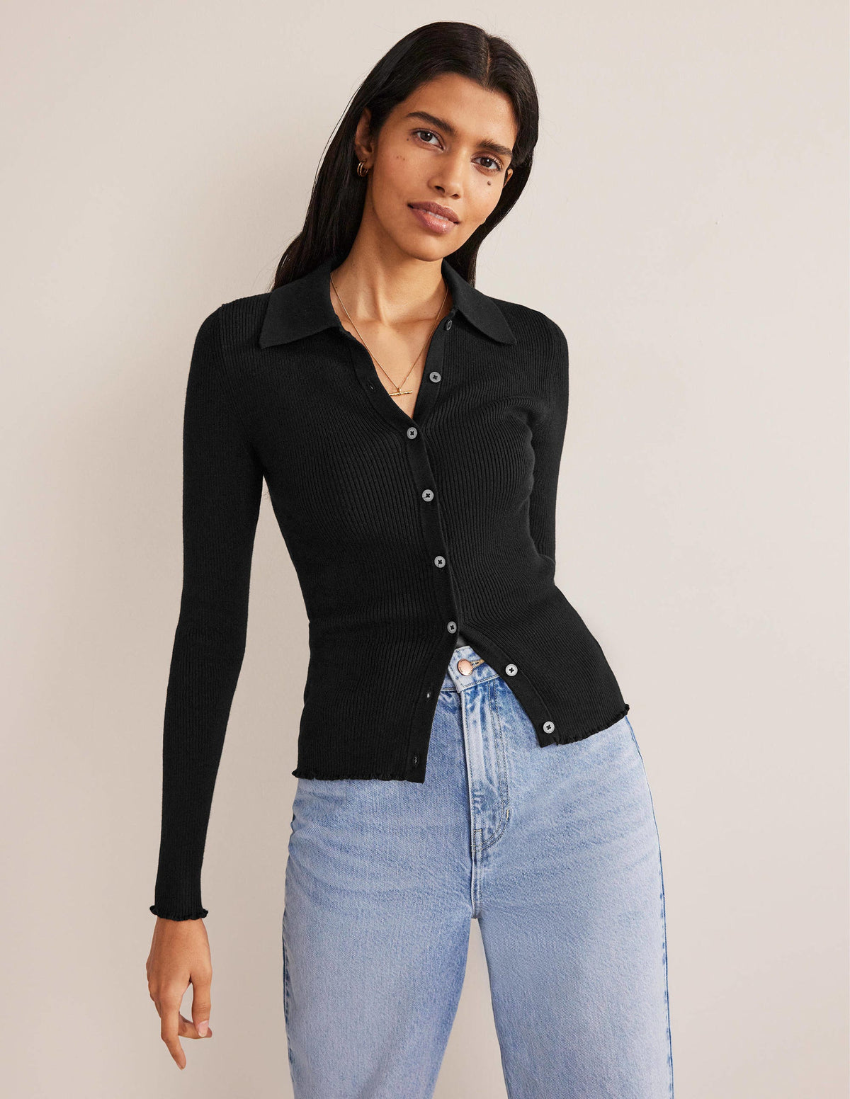 Ribbed-Knit Fitted Shirt-Black-4