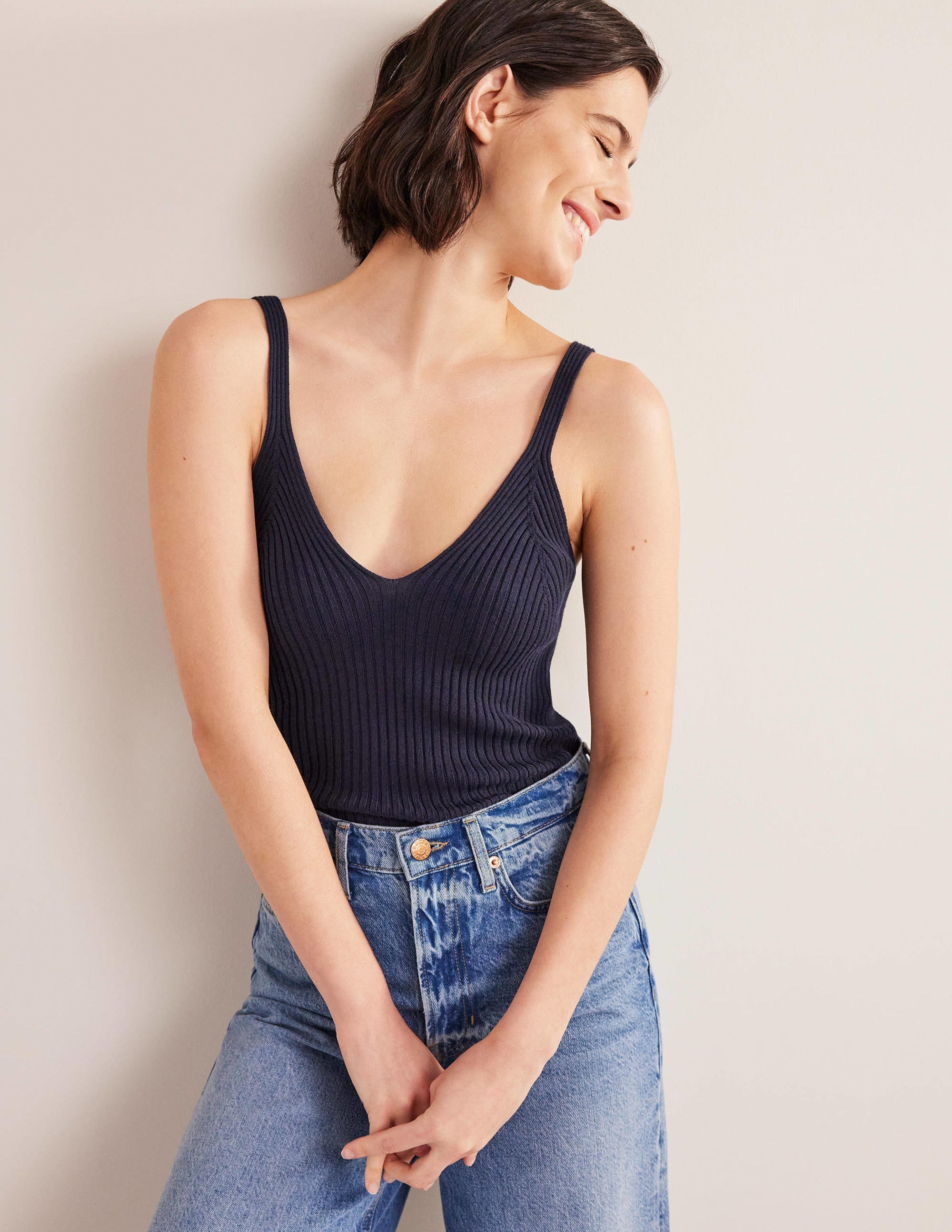 Ribbed Vest Top-Navy - Image 1