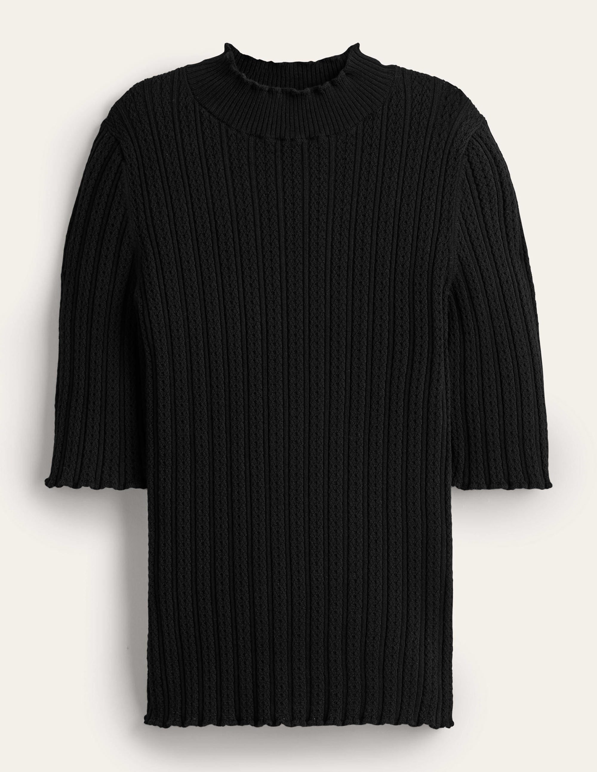Ribbed Pointelle High Neck Top-Black - Image 5