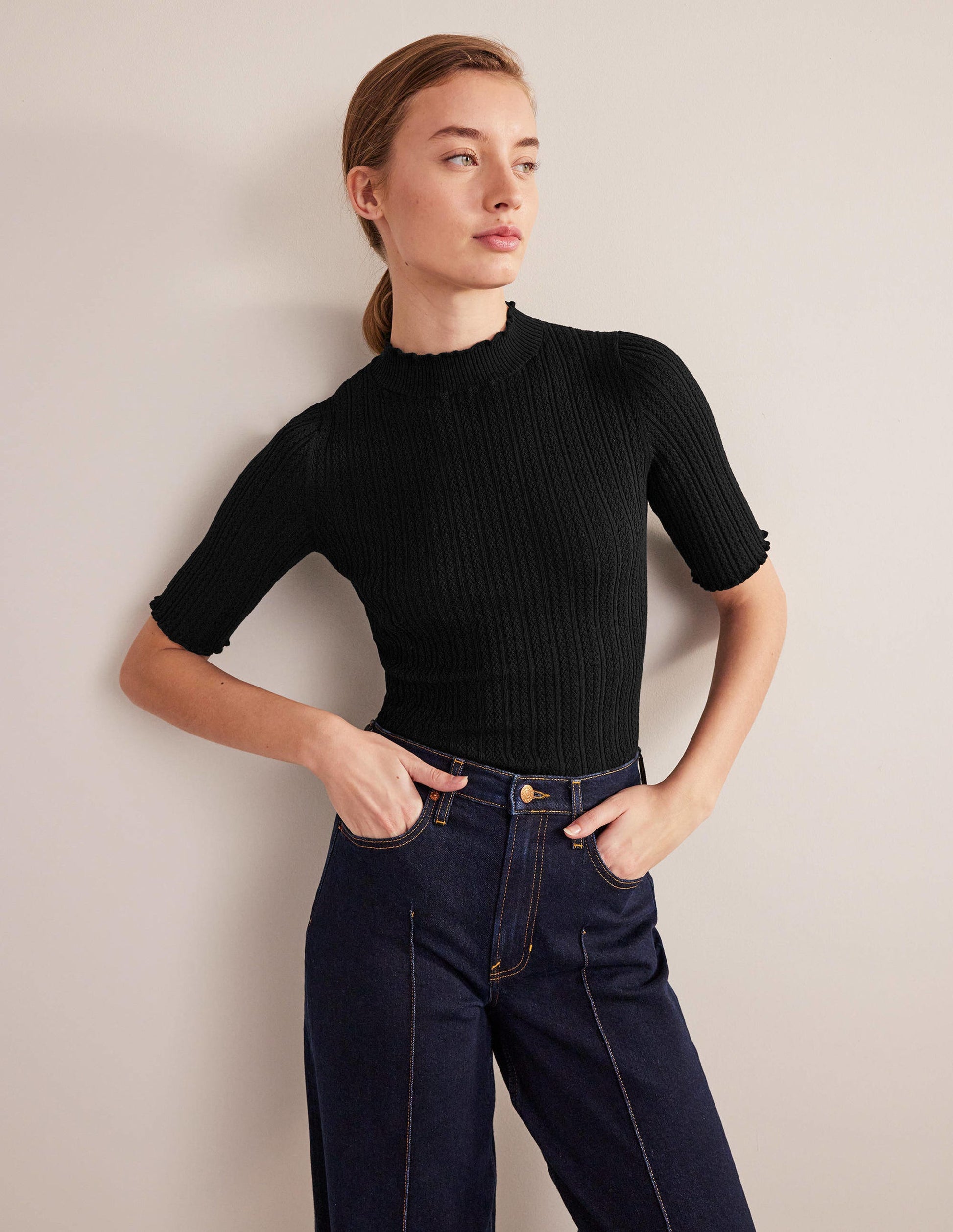 Ribbed Pointelle High Neck Top-Black-1