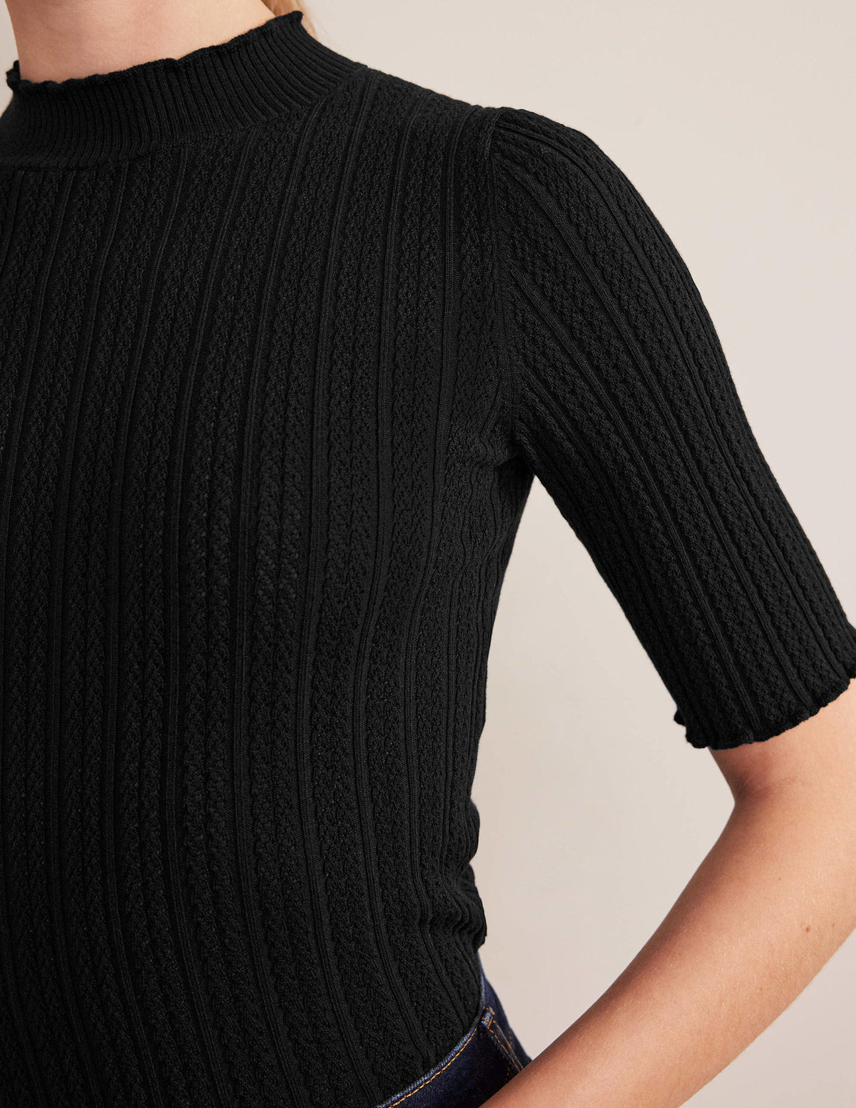 Ribbed Pointelle High Neck Top-Black - Image 2