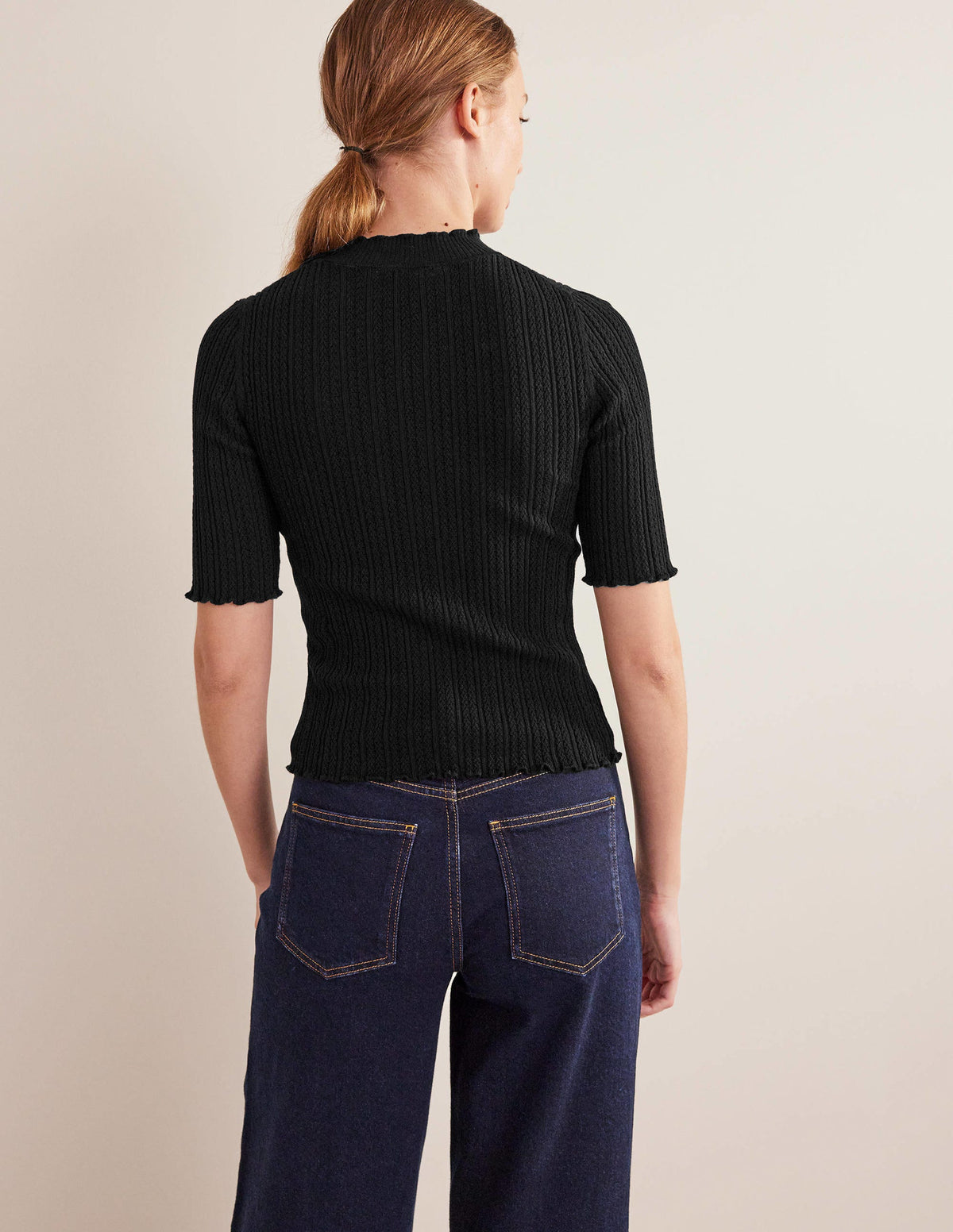 Ribbed Pointelle High Neck Top-Black-3