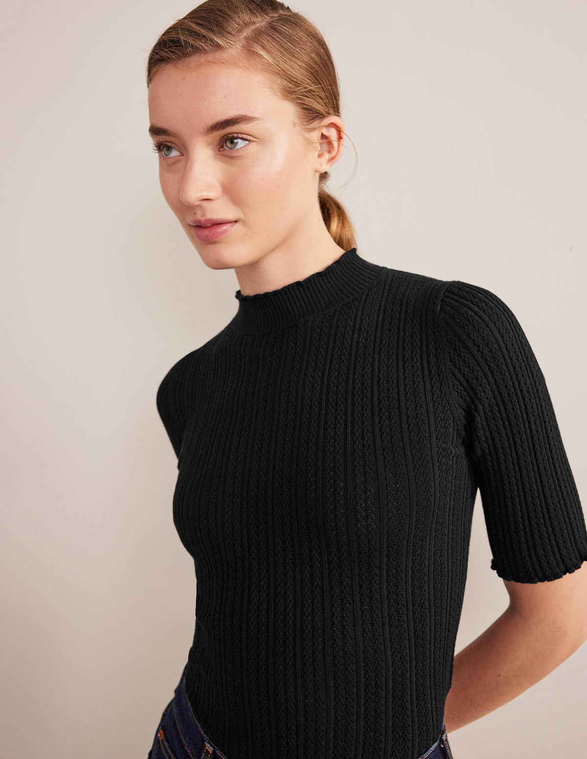 Ribbed Pointelle High Neck Top-Black-4