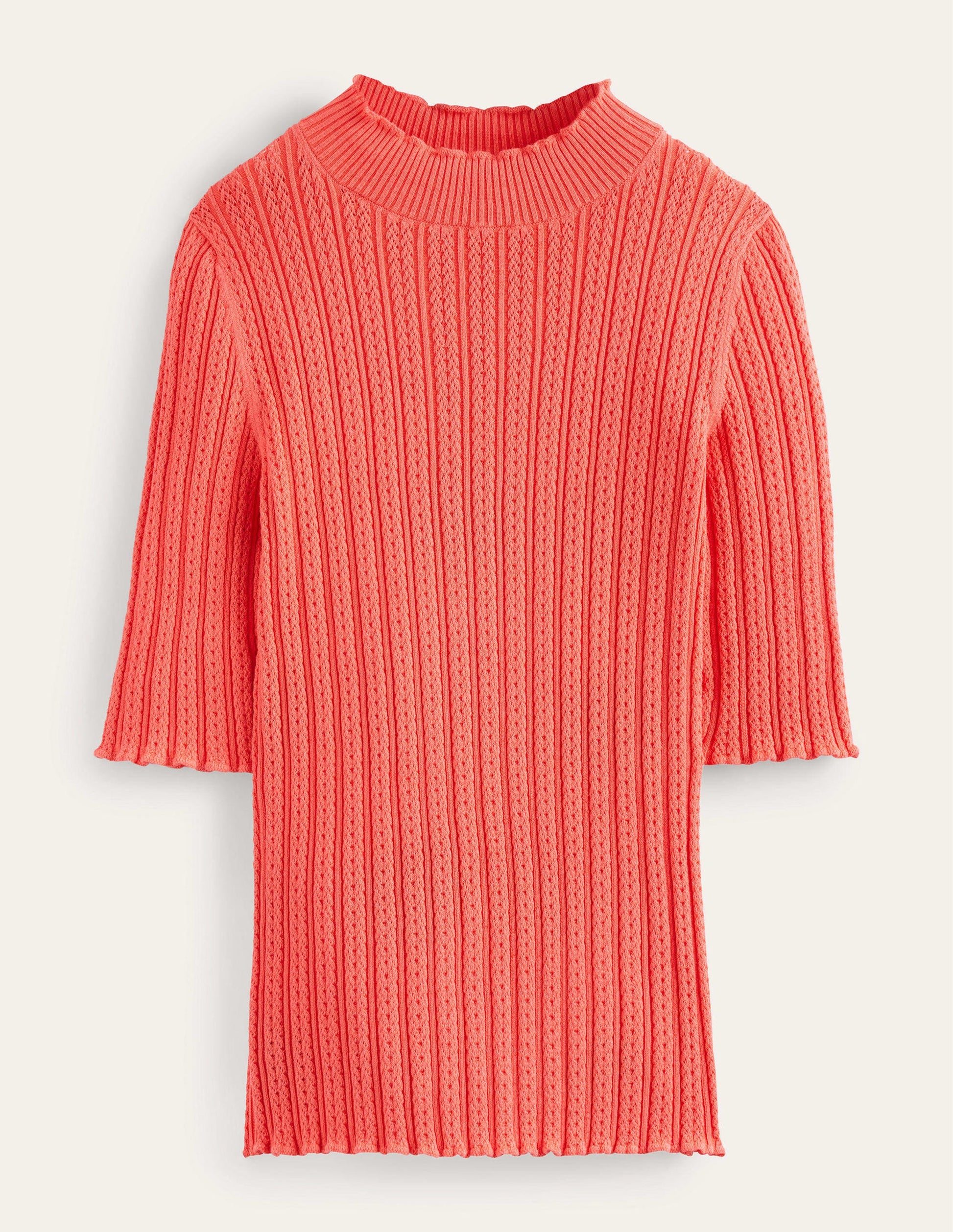 Ribbed Pointelle High Neck Top-Coral-5