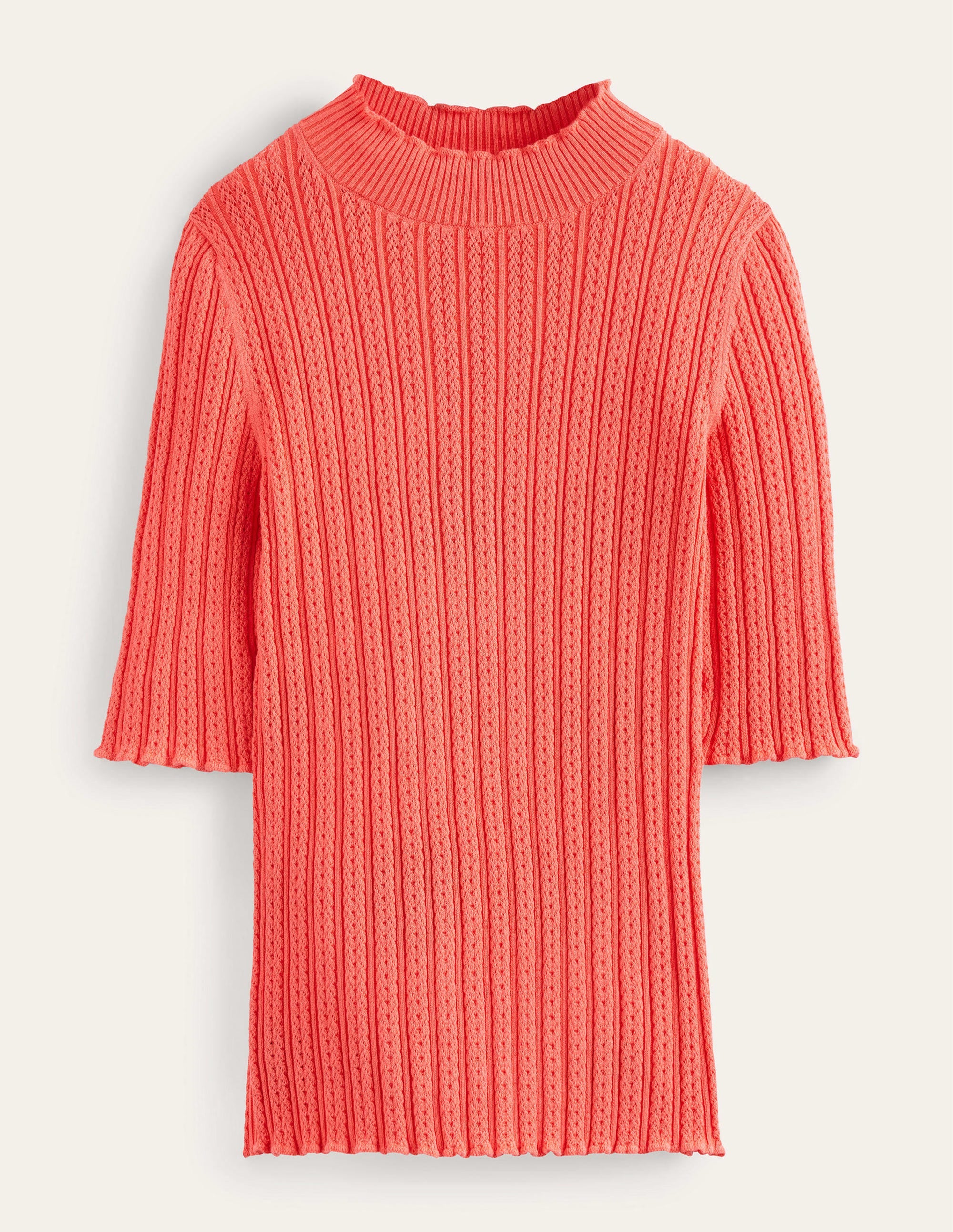 Ribbed Pointelle High Neck Top-Coral - Image 5
