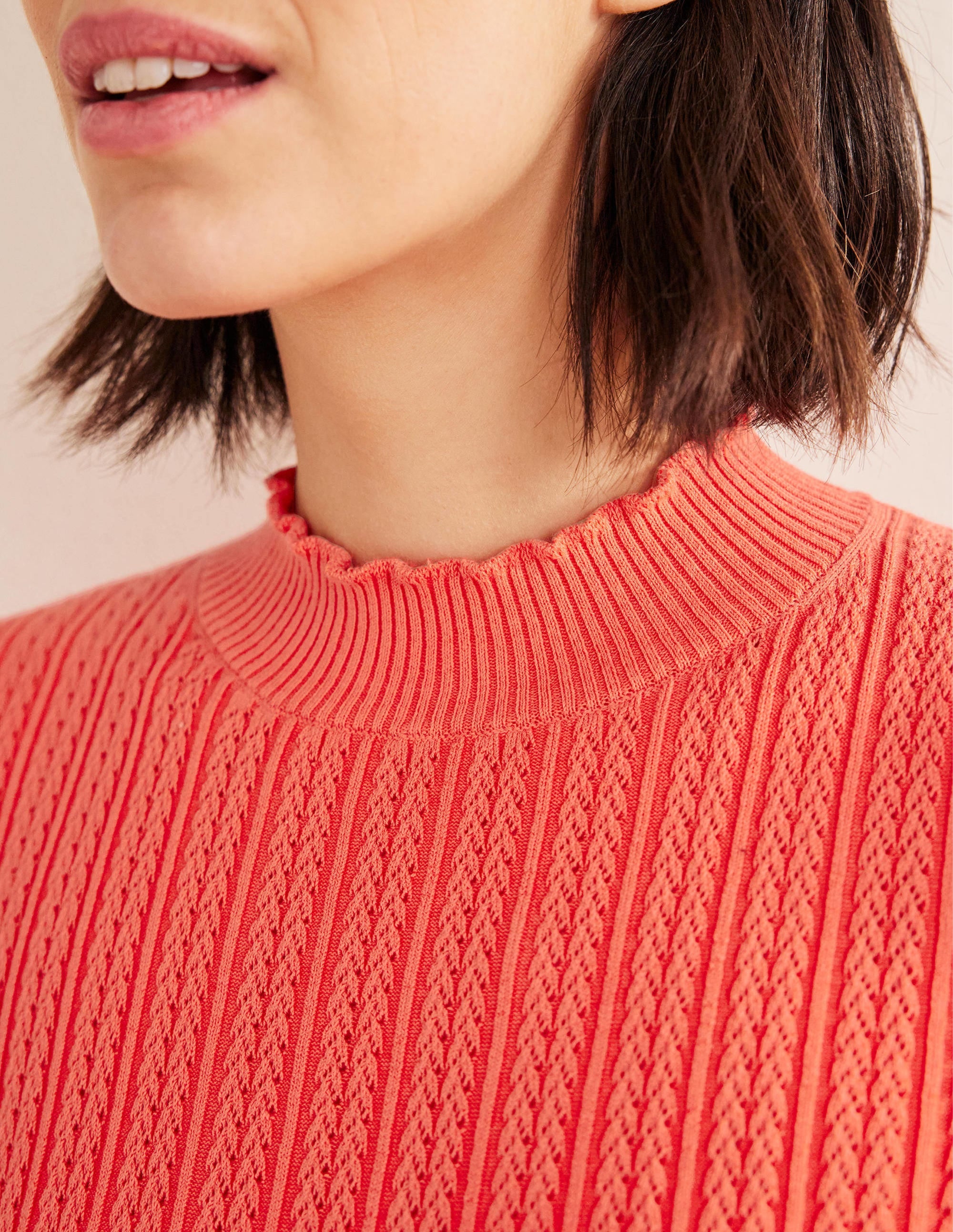 Ribbed Pointelle High Neck Top-Coral - Image 2