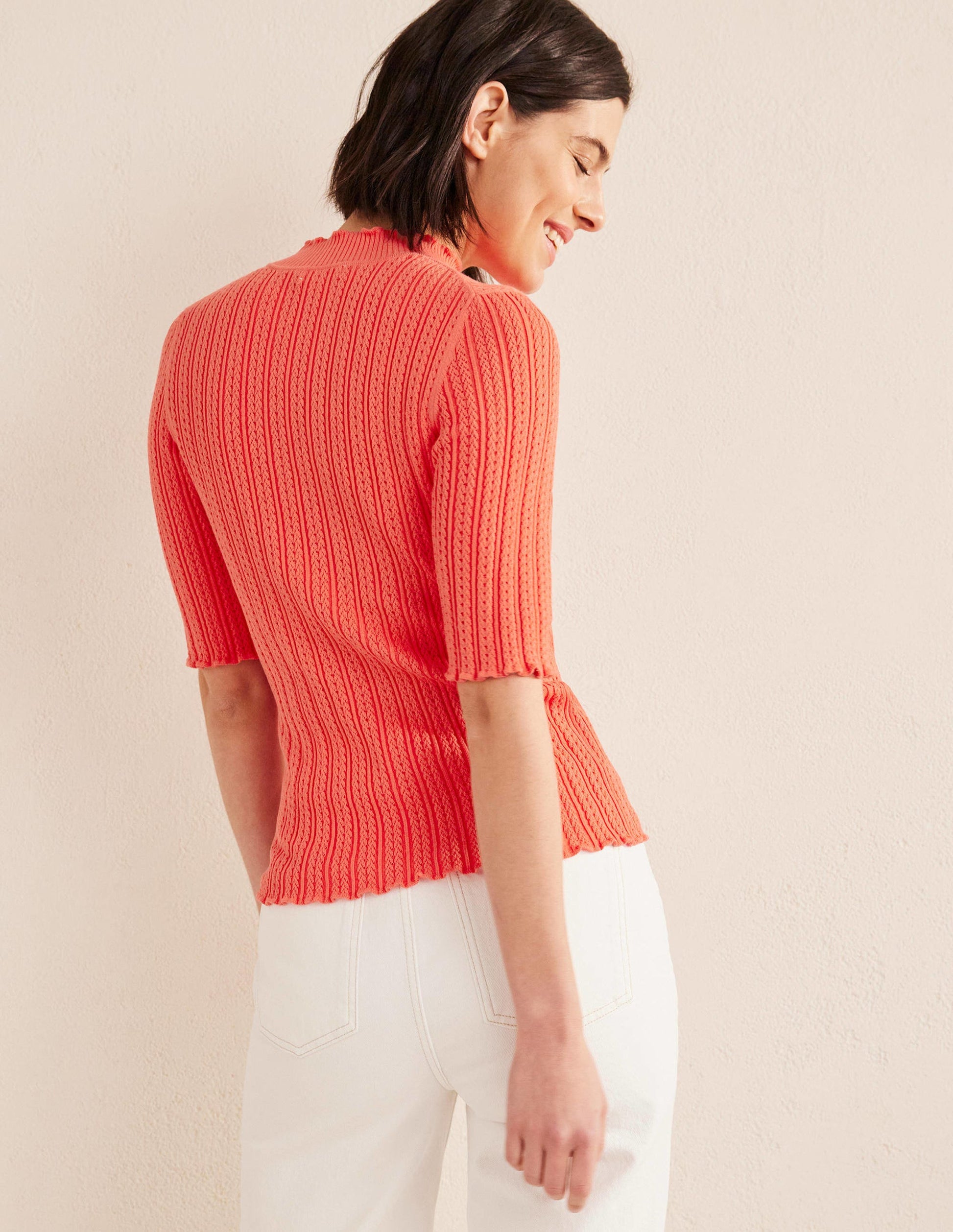 Ribbed Pointelle High Neck Top-Coral-3