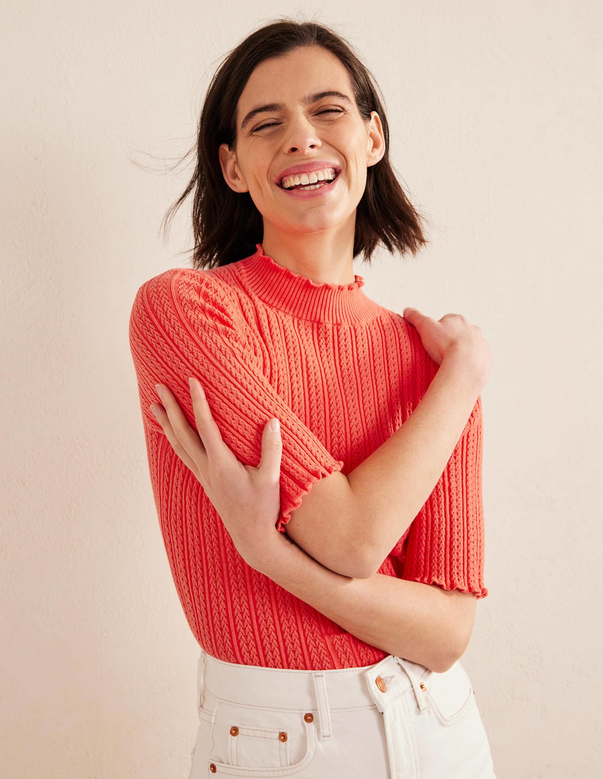 Ribbed Pointelle High Neck Top-Coral - Image 4