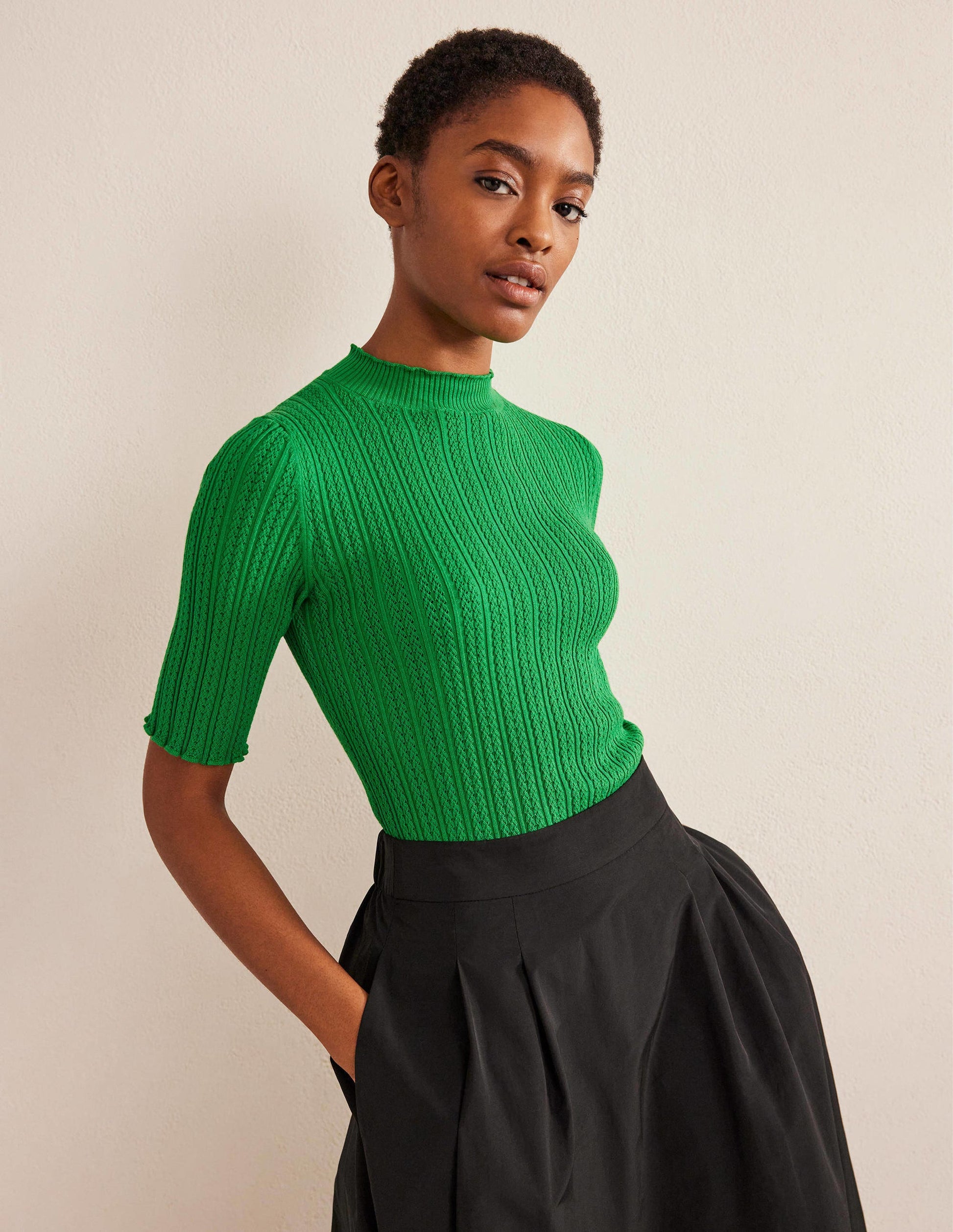 Ribbed Pointelle High Neck Top-Green Bee-1