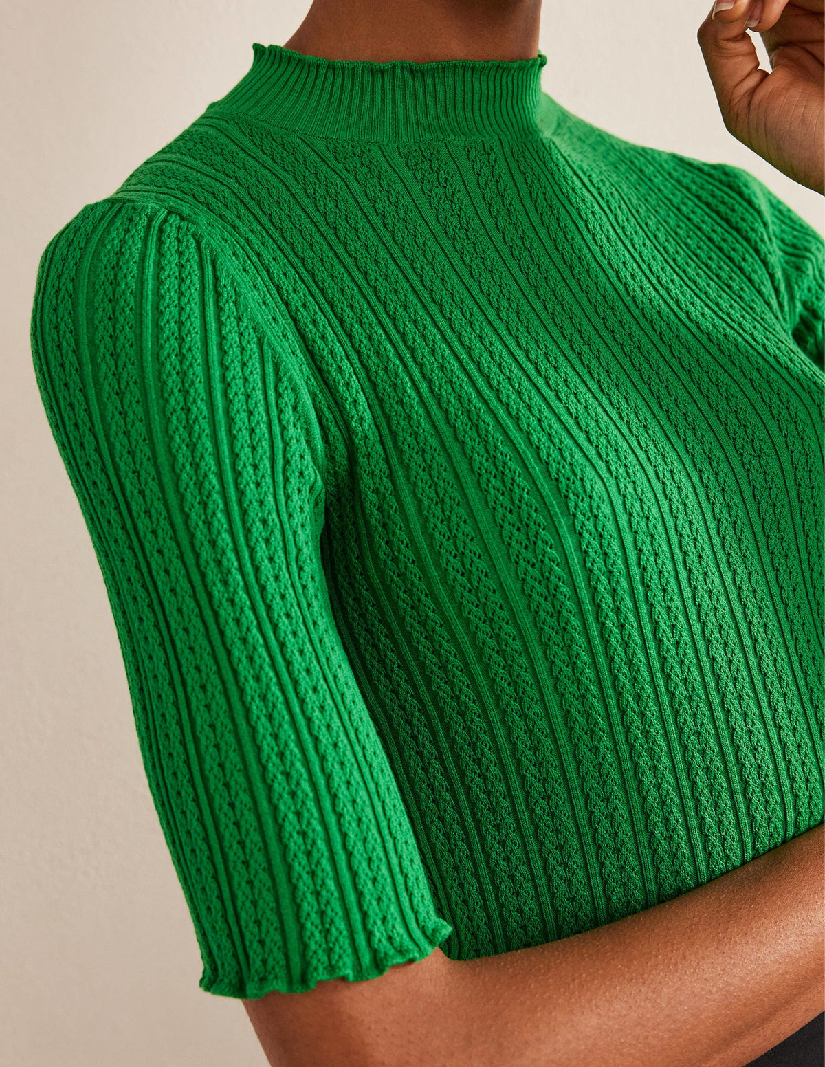 Ribbed Pointelle High Neck Top-Green Bee-2