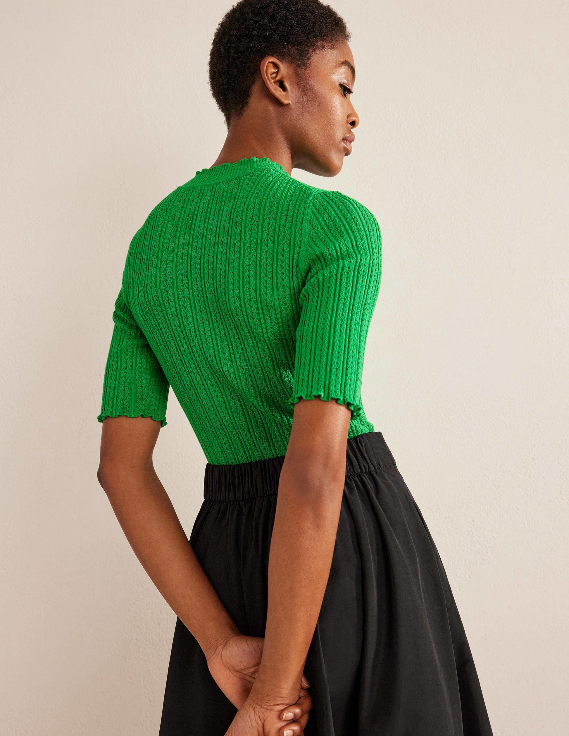 Ribbed Pointelle High Neck Top-Green Bee-3