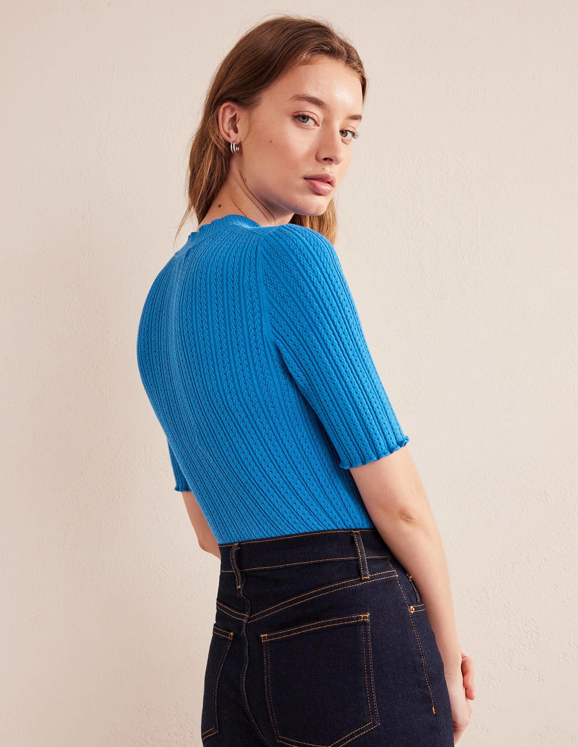 Ribbed Pointelle High Neck Top-Nebulus Blue - Image 3