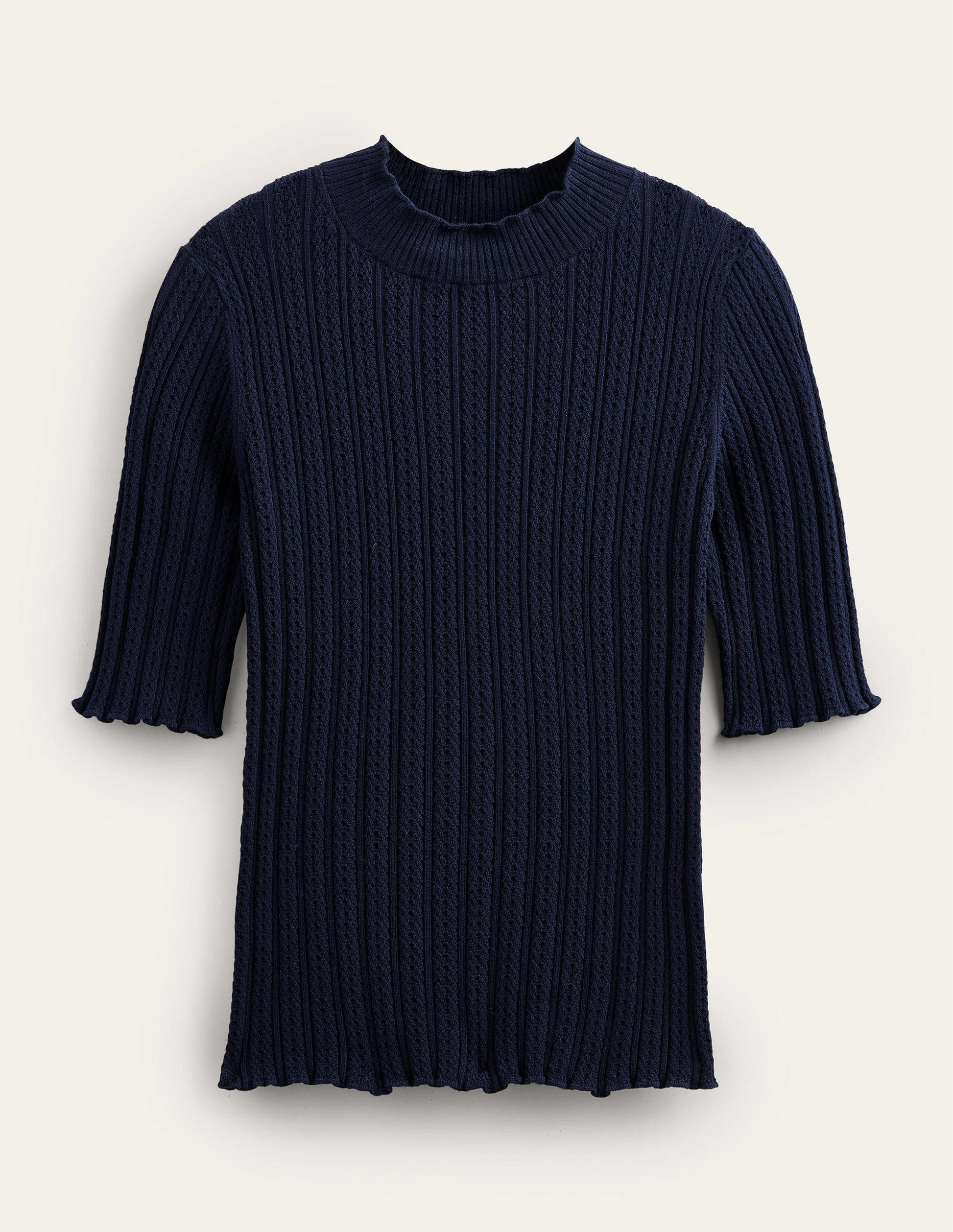 Ribbed Pointelle High Neck Top-Navy-6