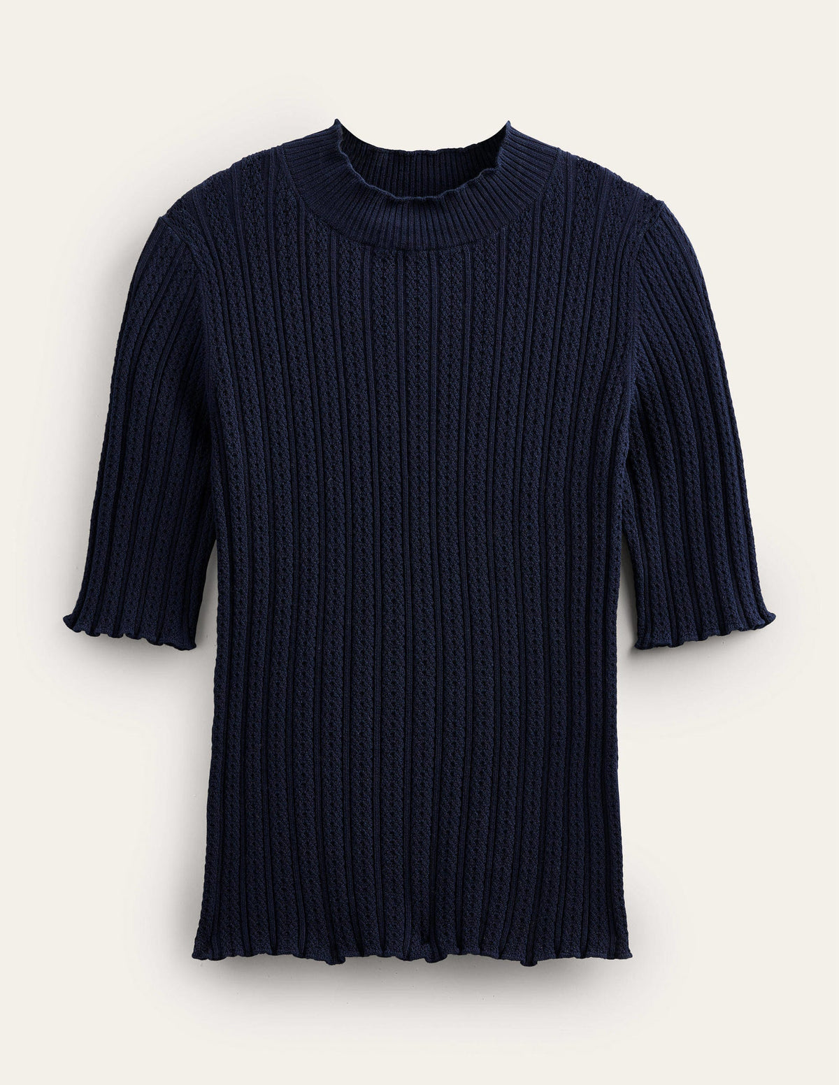 Ribbed Pointelle High Neck Top-Navy - Image 6