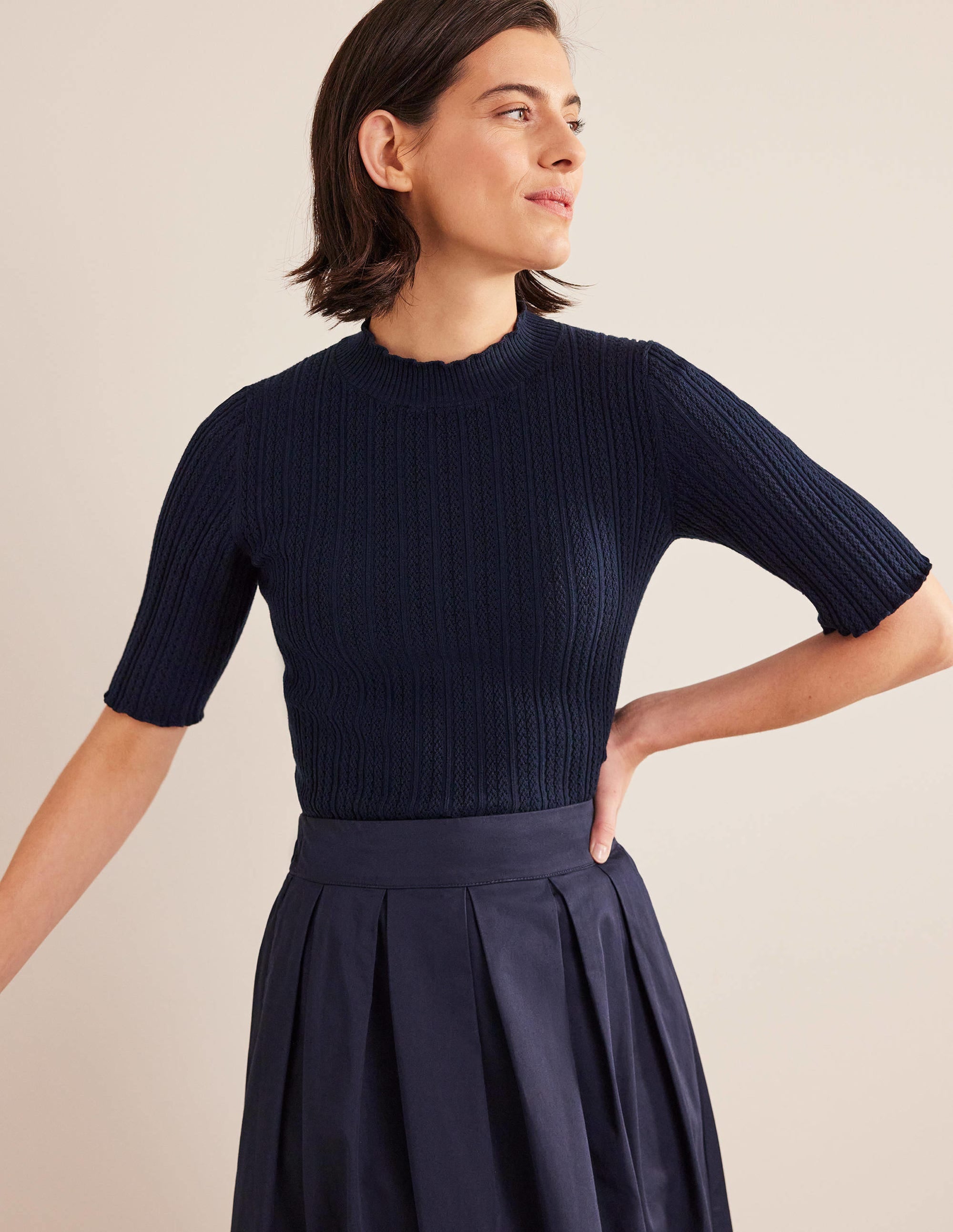 Ribbed Pointelle High Neck Top-Navy - Image 1