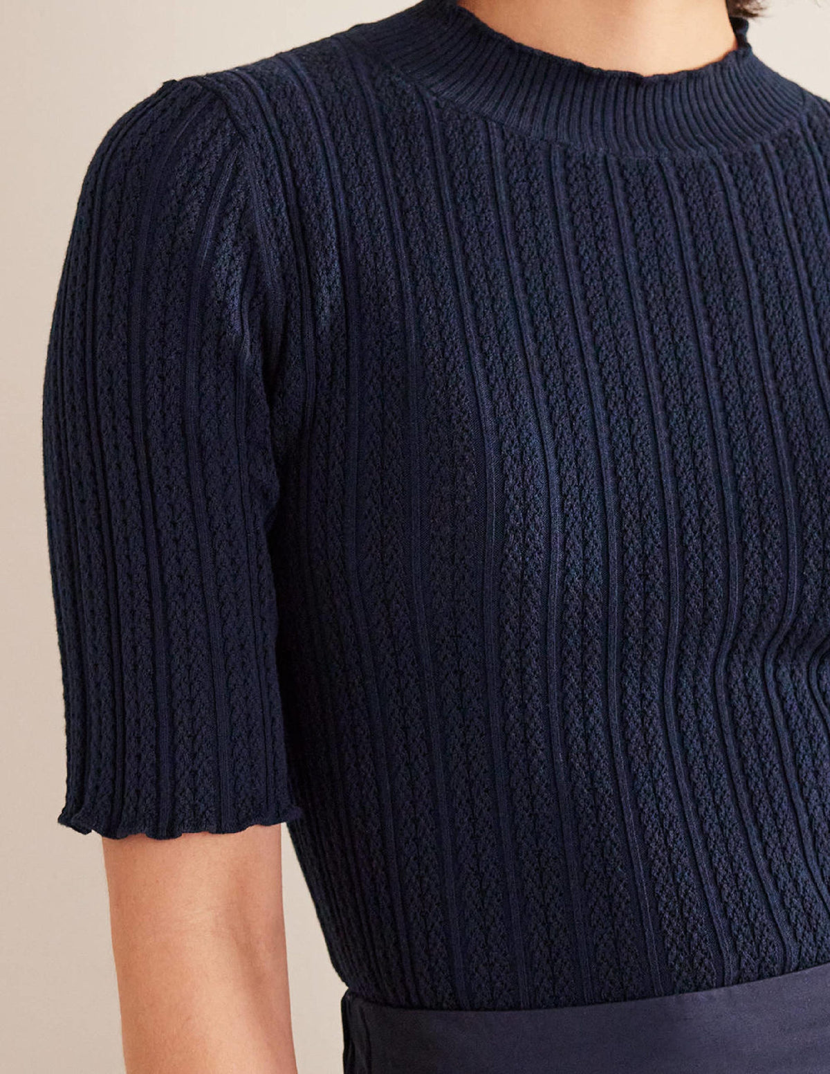 Ribbed Pointelle High Neck Top-Navy-2