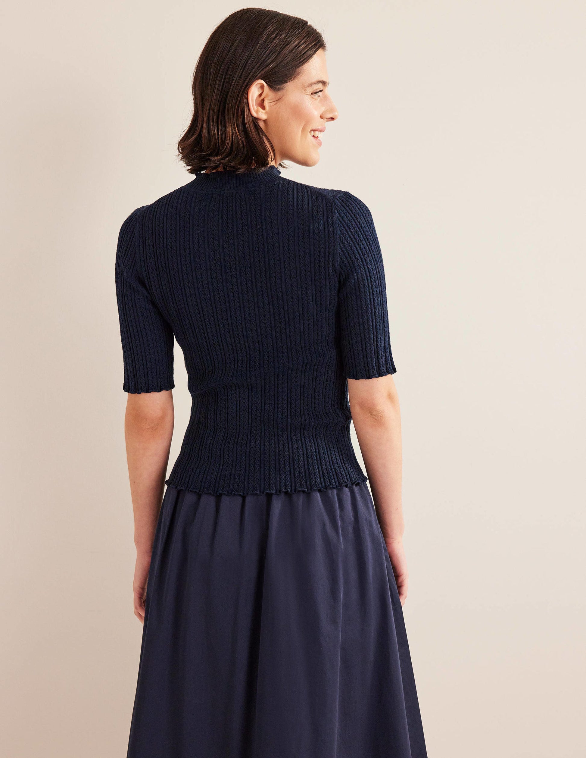 Ribbed Pointelle High Neck Top-Navy-3