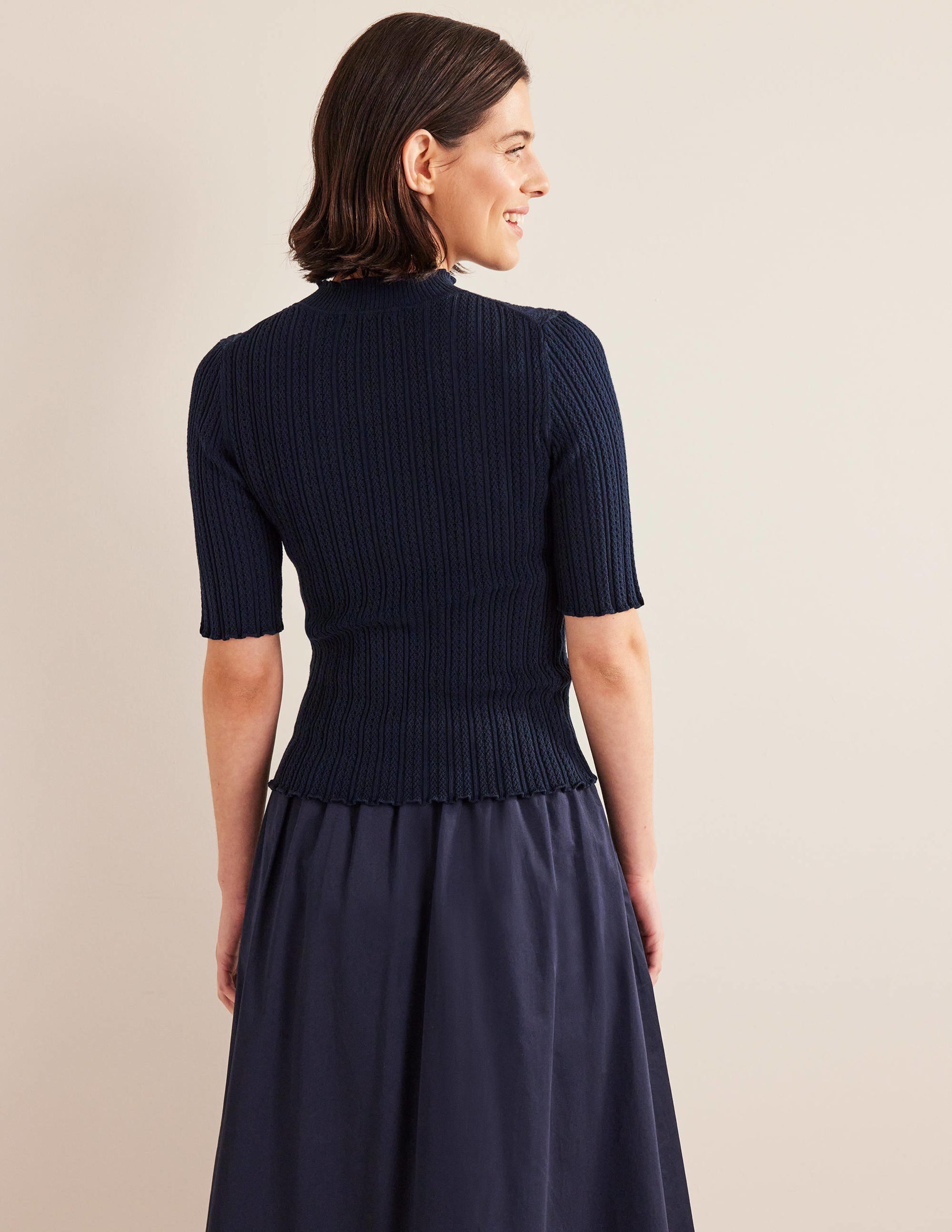 Ribbed Pointelle High Neck Top-Navy - Image 3