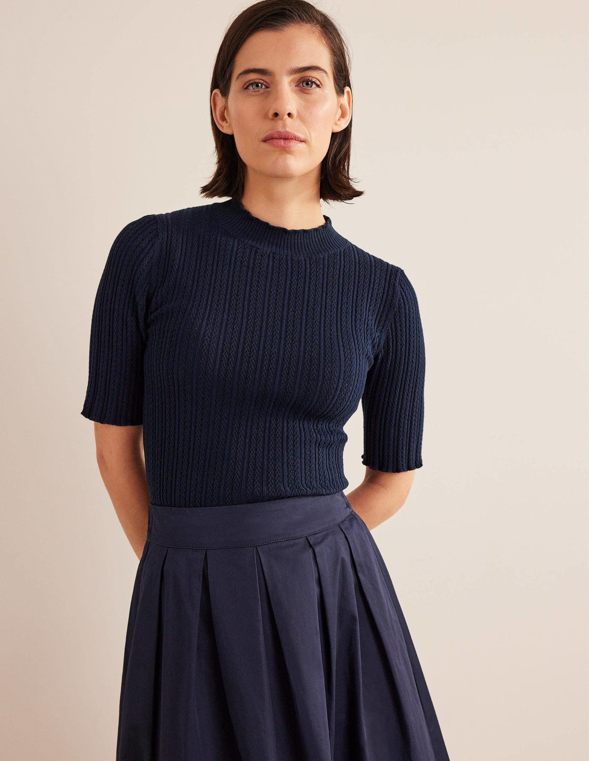 Ribbed Pointelle High Neck Top-Navy-5