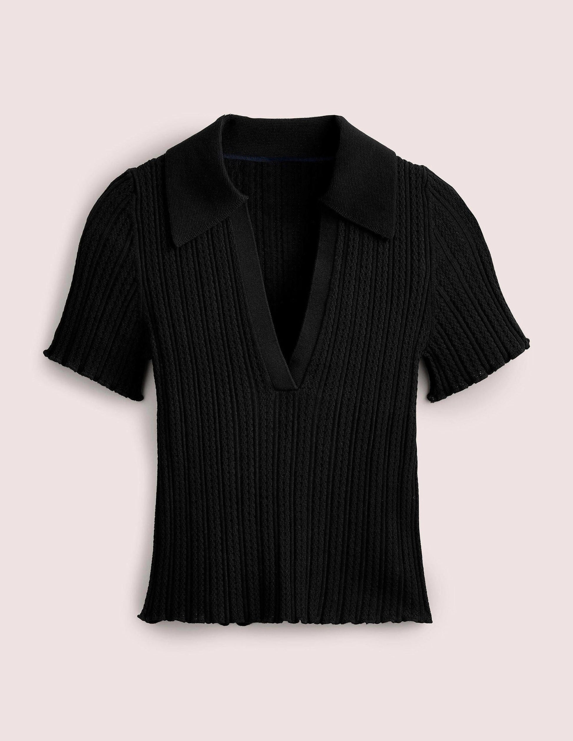 Ribbed Pointelle Collared Top-Black-5