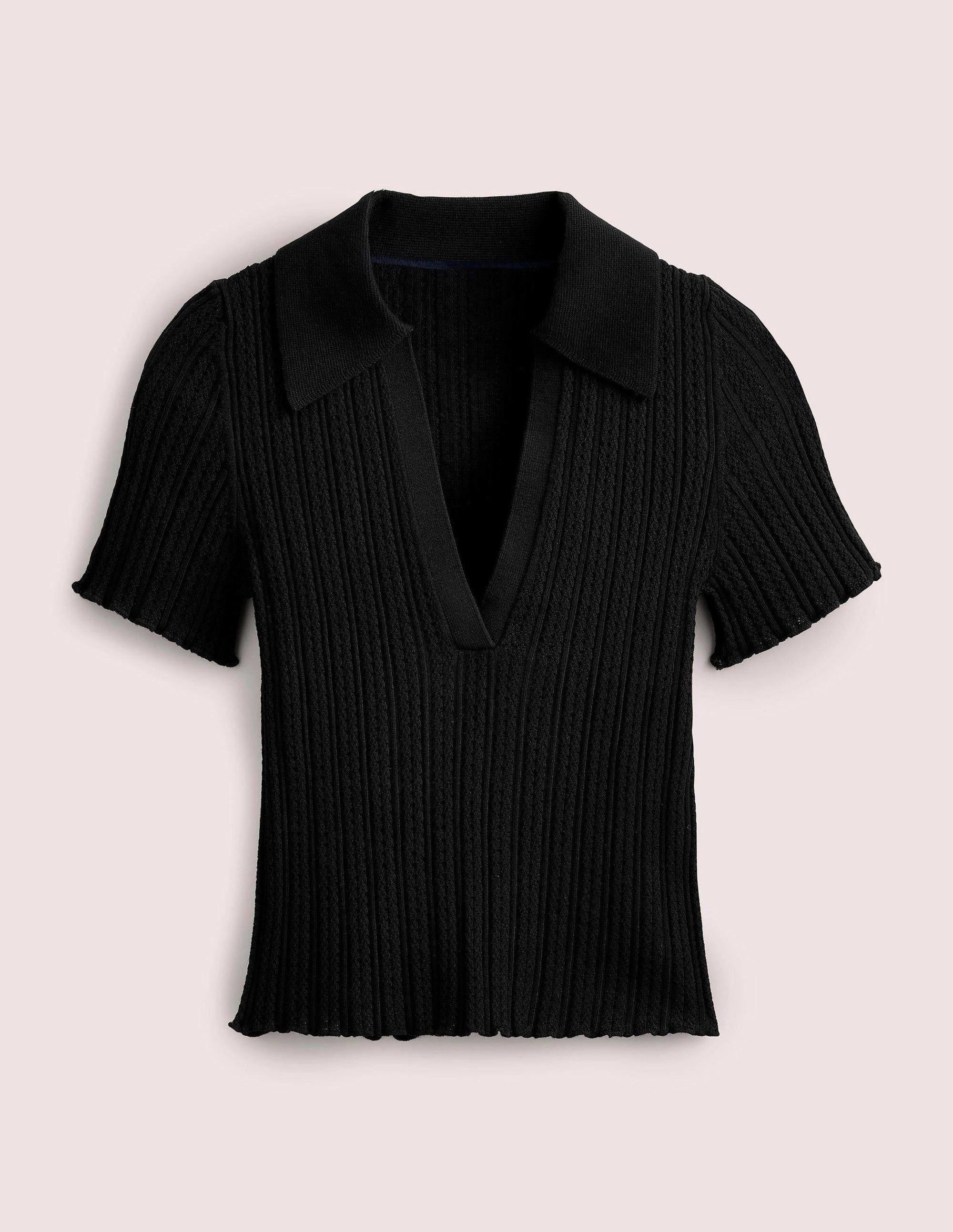 Ribbed Pointelle Collared Top-Black - Image 5