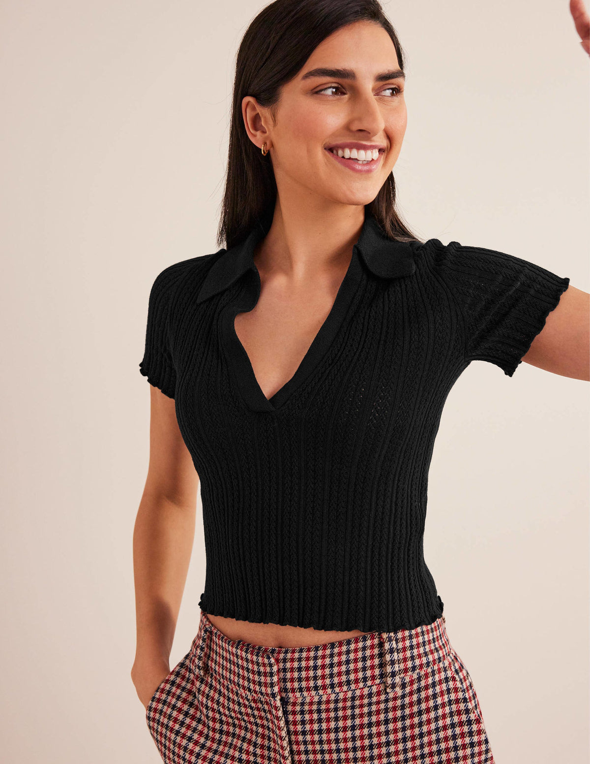 Ribbed Pointelle Collared Top-Black - Image 1