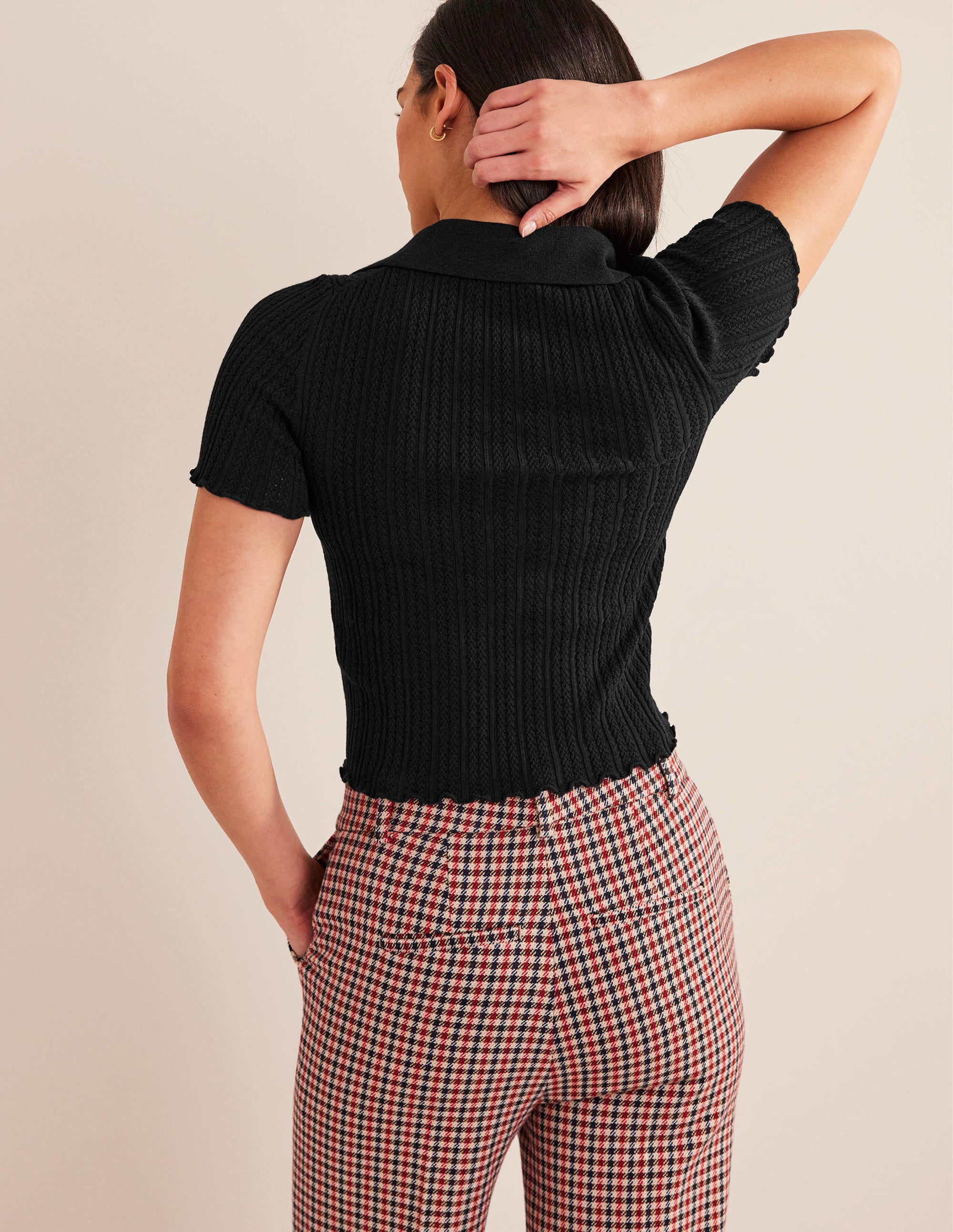 Ribbed Pointelle Collared Top-Black - Image 3