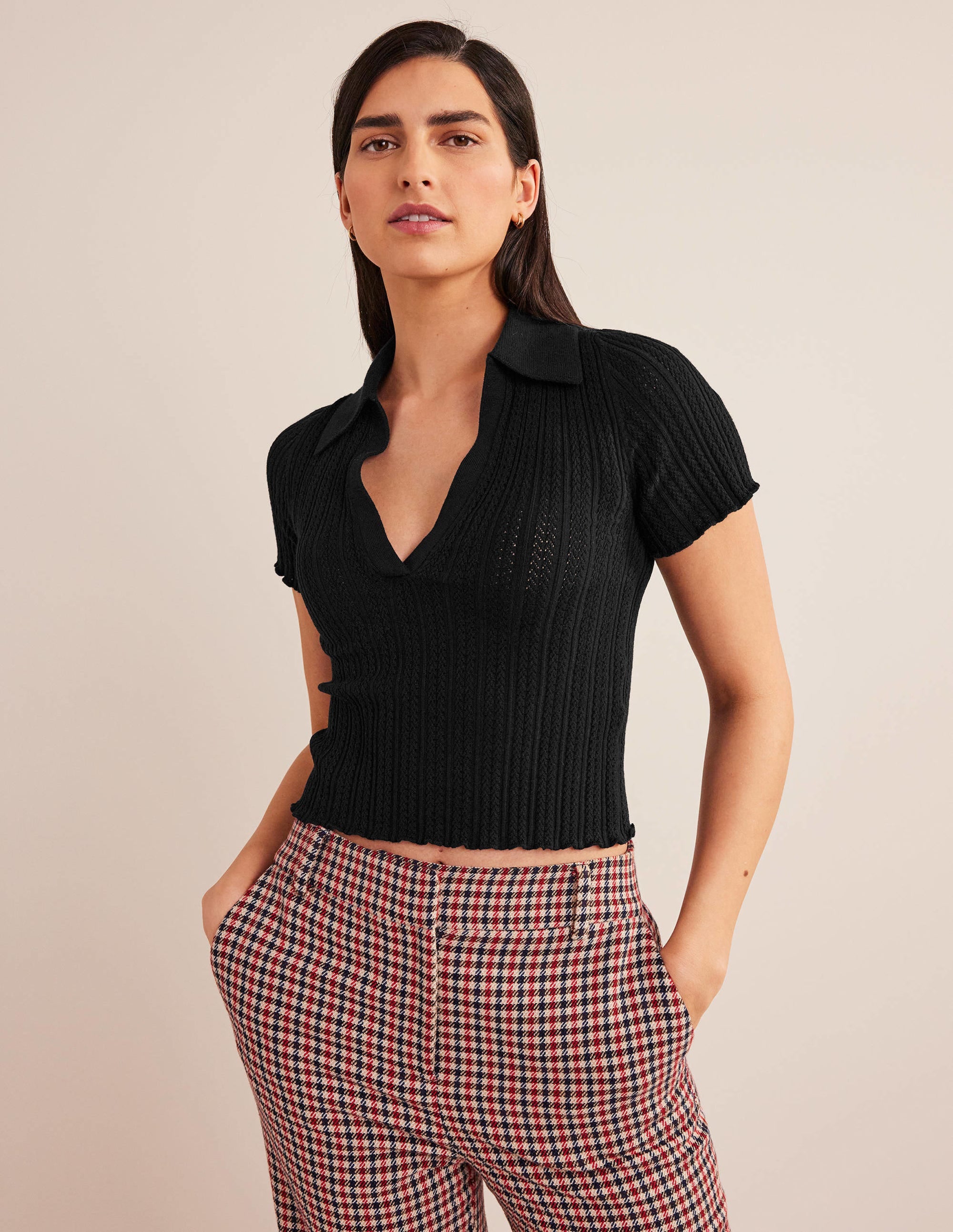 Ribbed Pointelle Collared Top-Black - Image 4