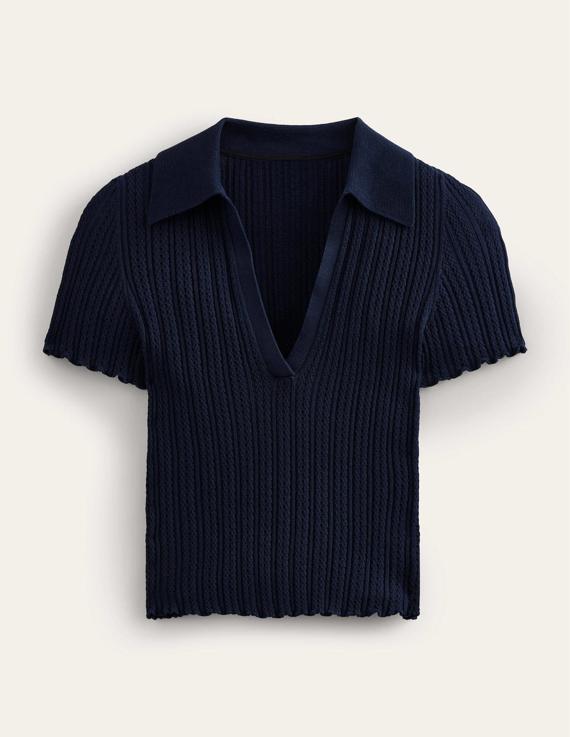 Ribbed Pointelle Collared Top-Navy-5
