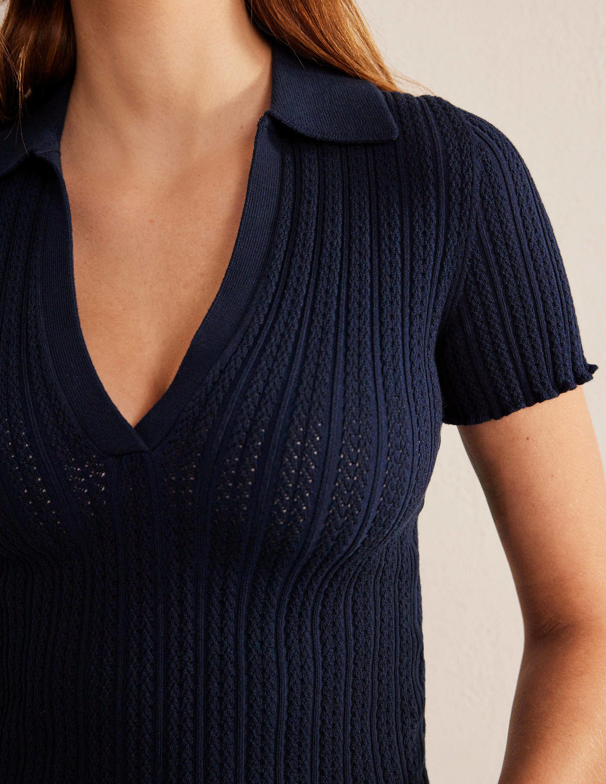 Ribbed Pointelle Collared Top-Navy-2