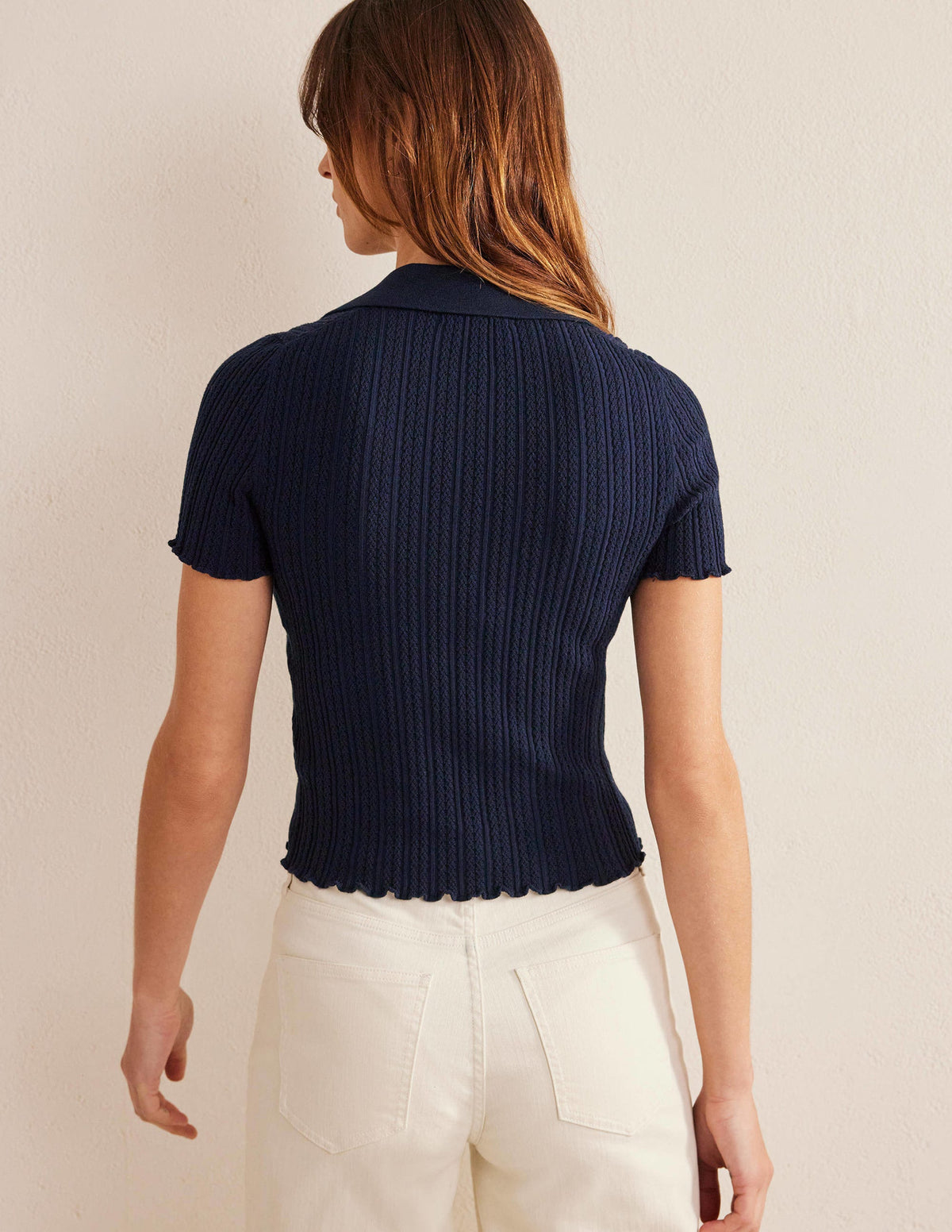 Ribbed Pointelle Collared Top-Navy-3