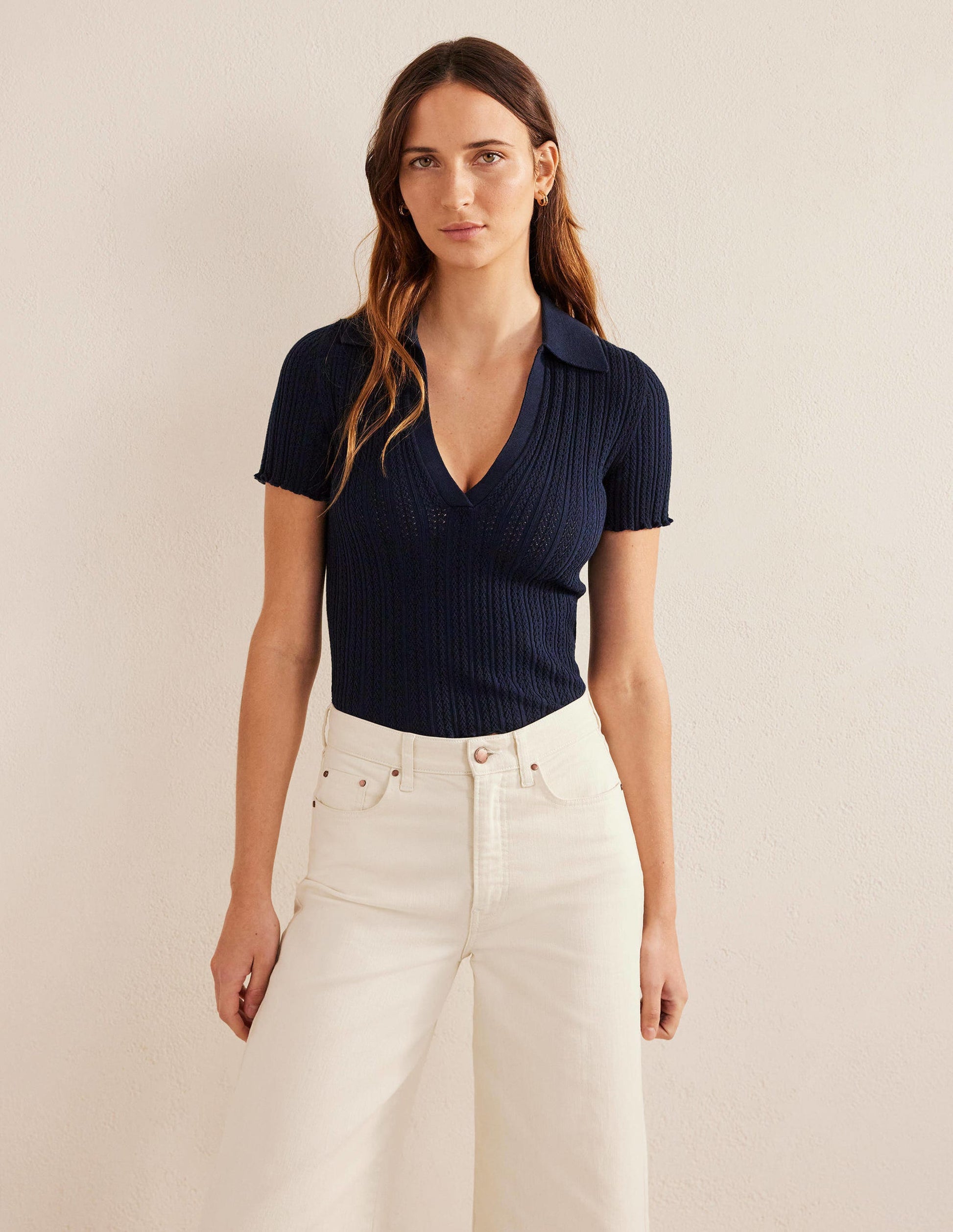 Ribbed Pointelle Collared Top-Navy-4