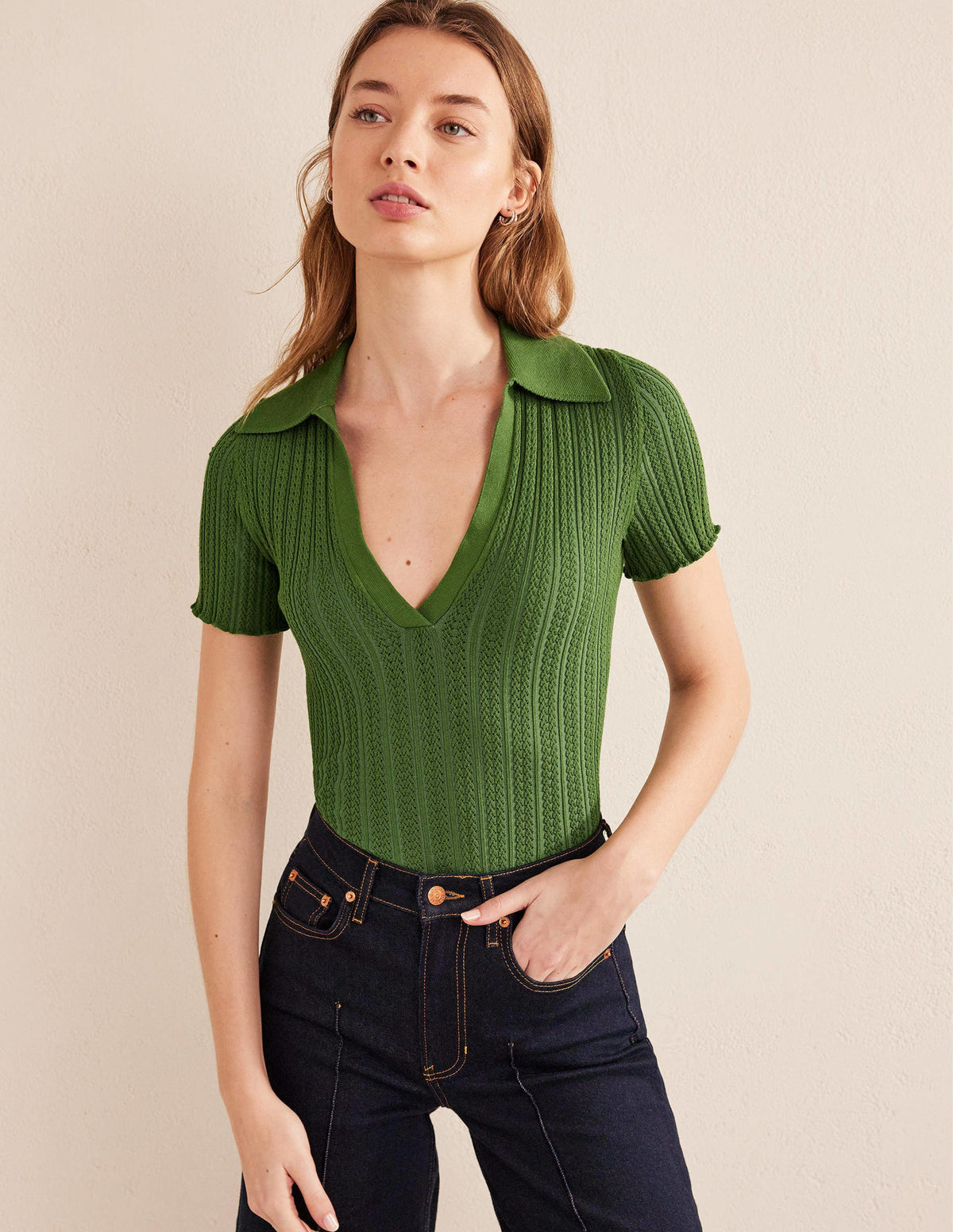 Ribbed Pointelle Collared Top-Park Ranger - Image 1
