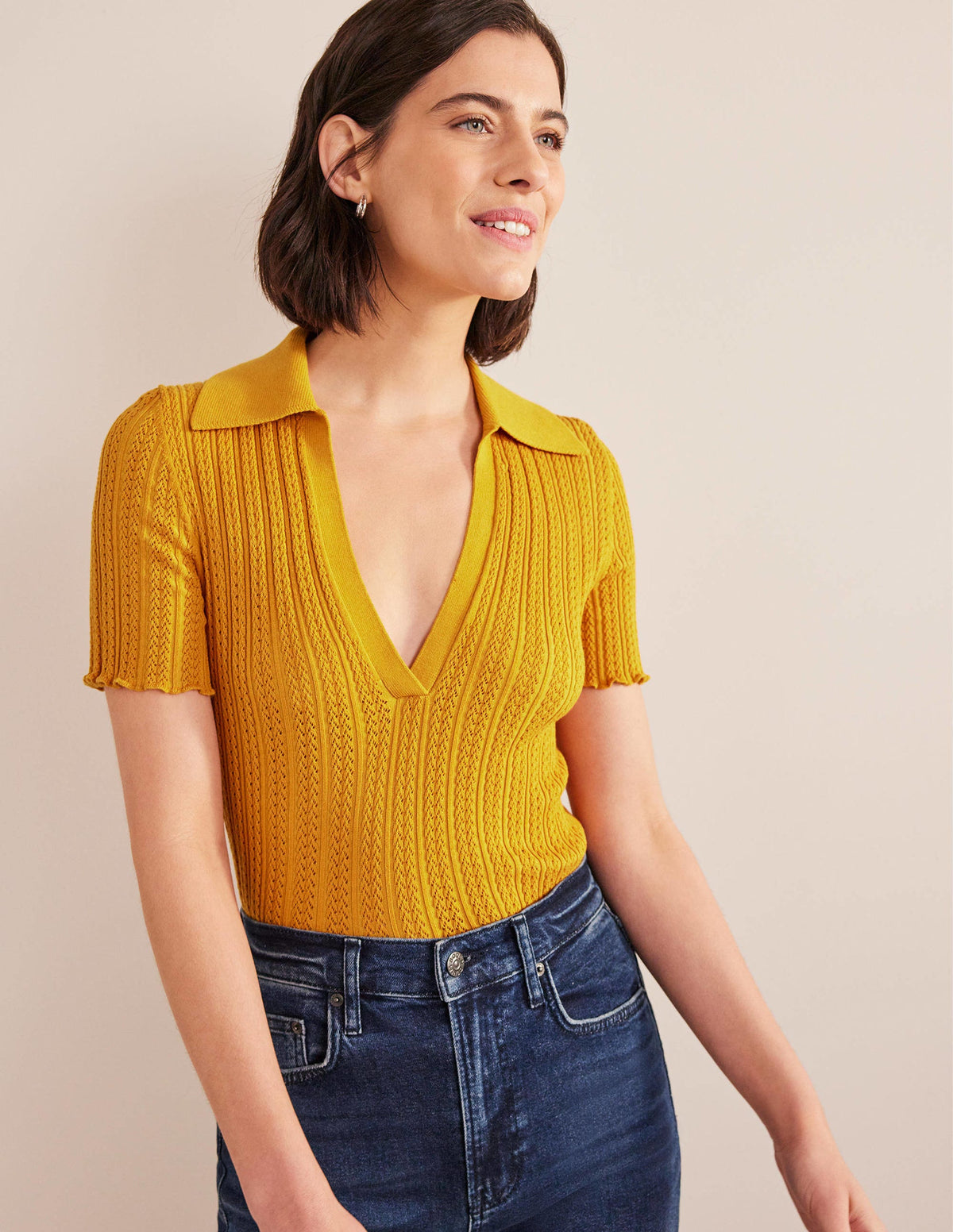 Ribbed Pointelle Collared Top-Harvest Gold-1