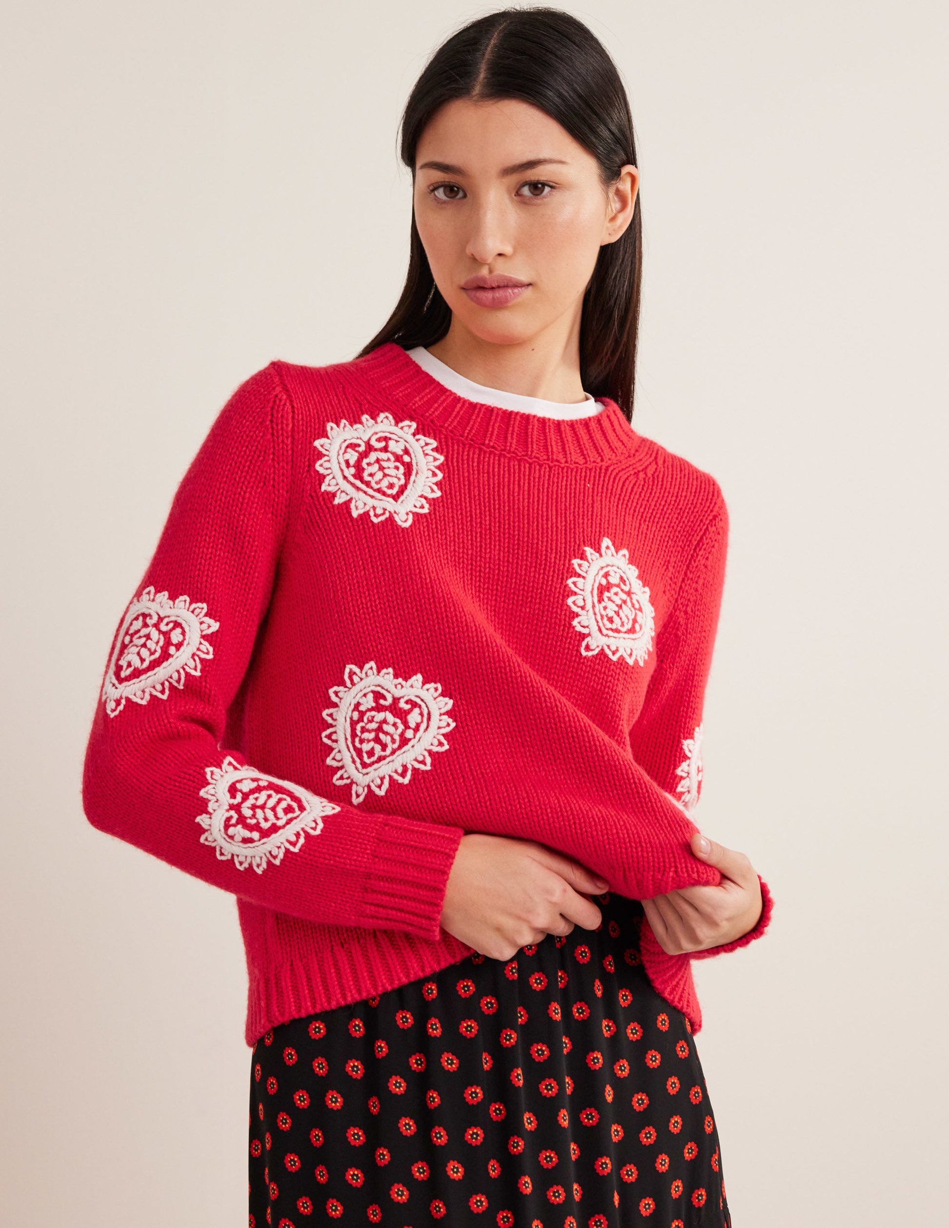Chunky Embroidered Jumper-Strawberry Tart Red-1