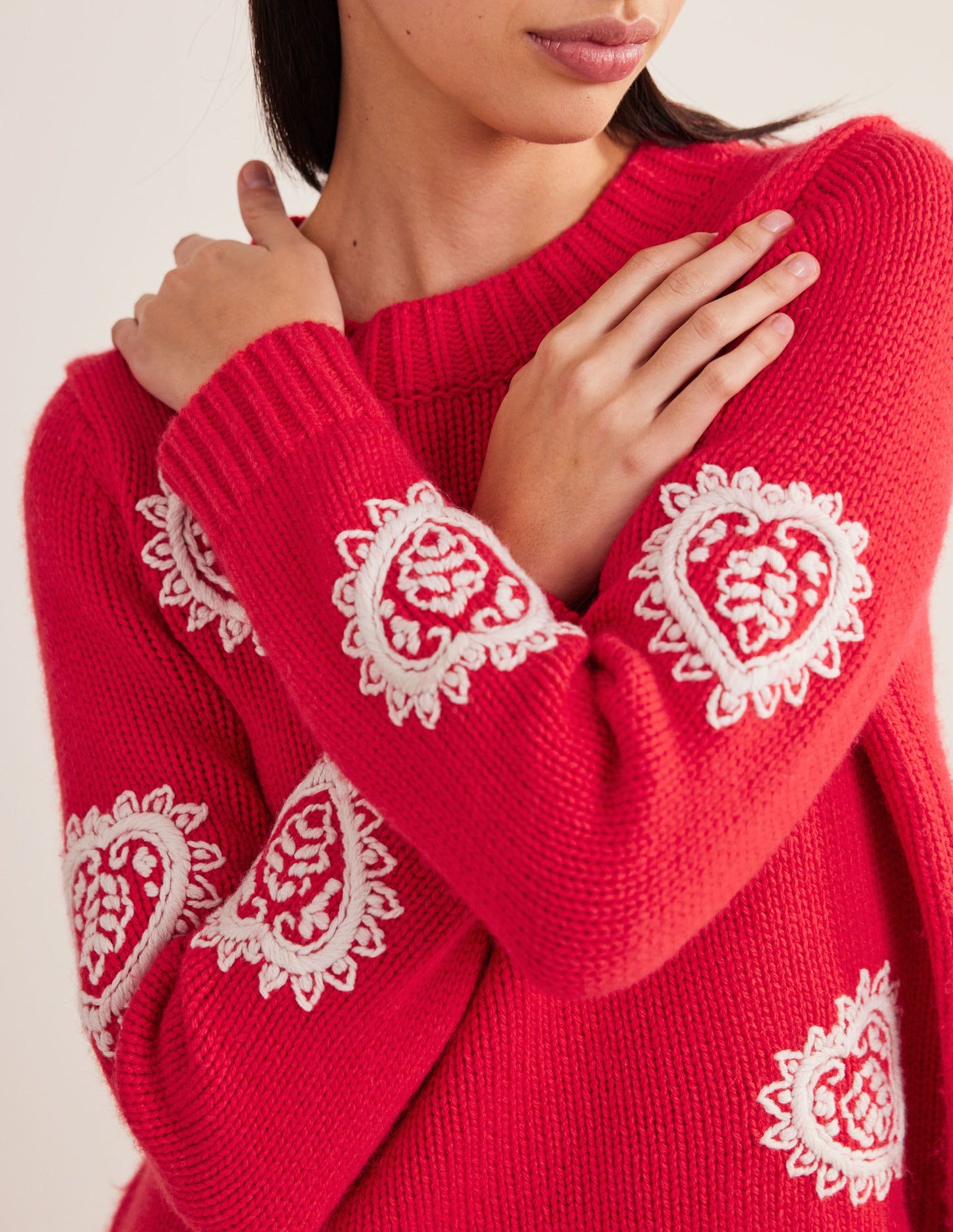 Chunky Embroidered Jumper-Strawberry Tart Red