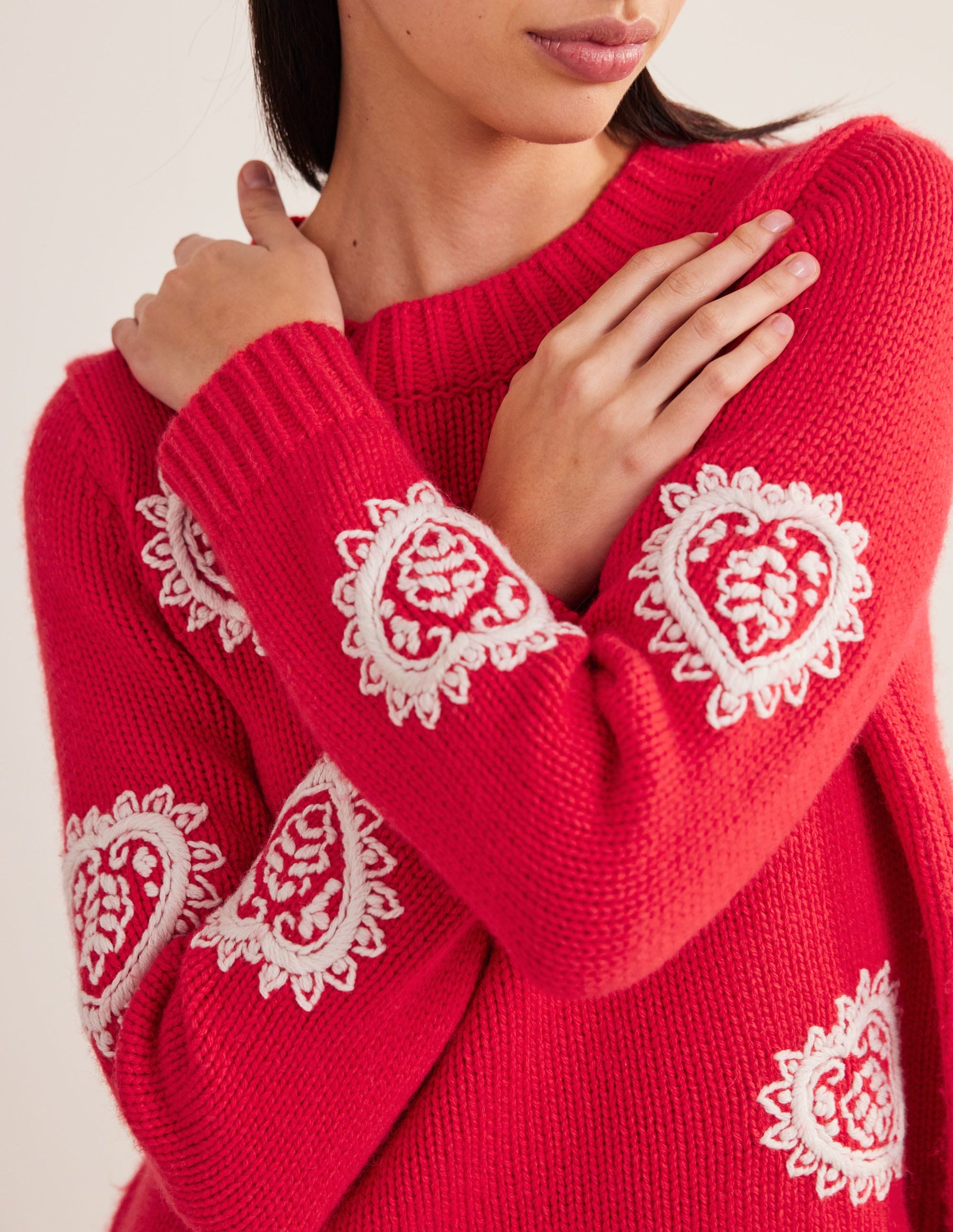 Chunky Embroidered Jumper-Strawberry Tart Red-2