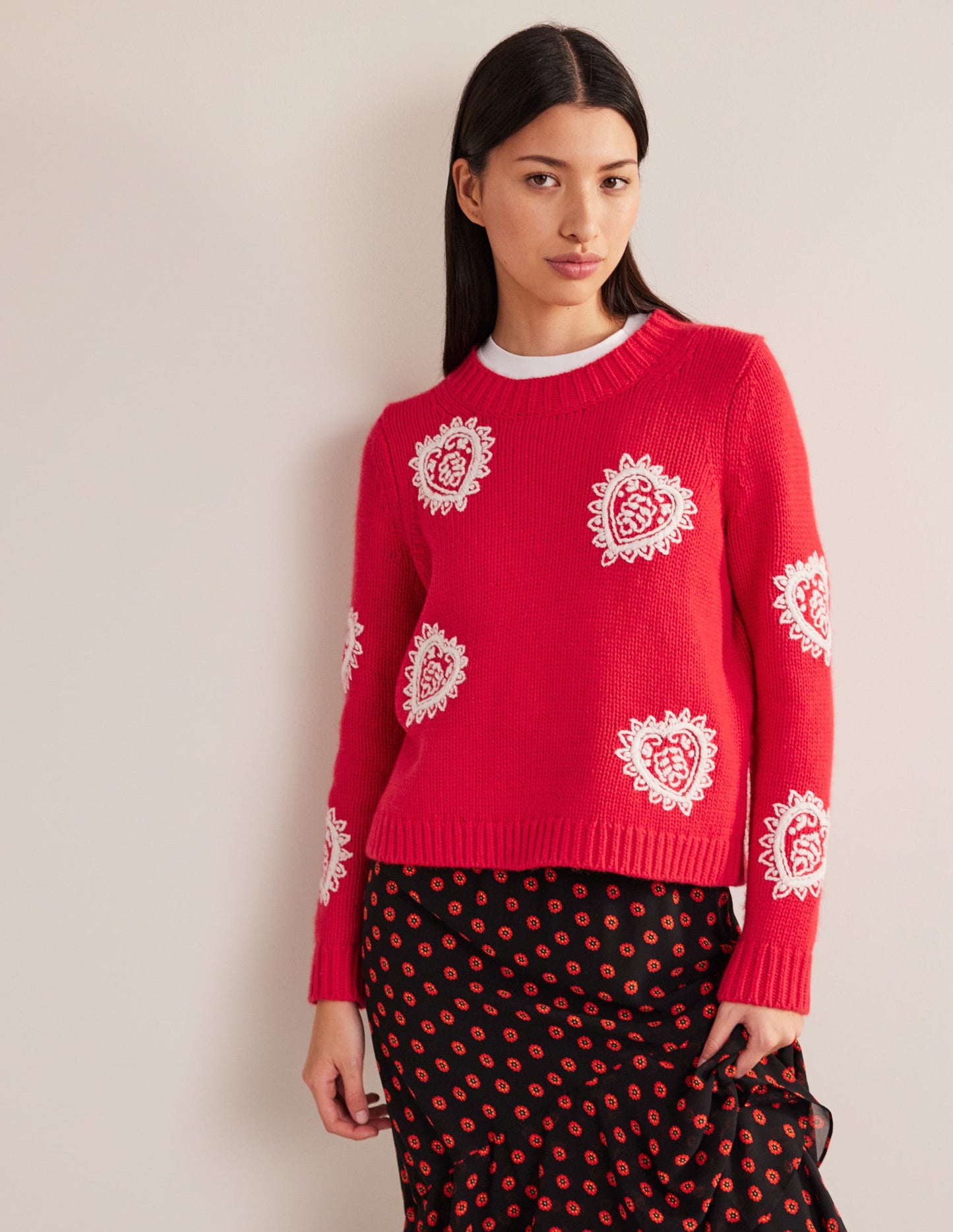 Chunky Embroidered Jumper-Strawberry Tart Red